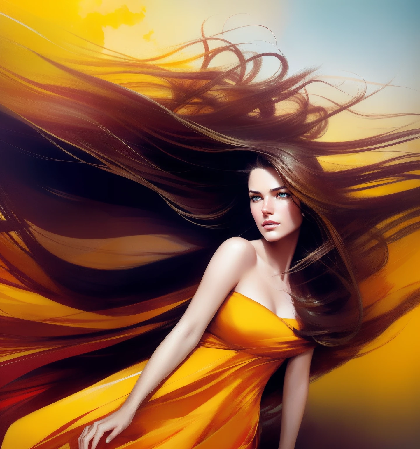 (a cinematic scene:1.2) ,a gorgeous woman with dense hair blowing in the wind, detailed pupils, round iris, realistic skin, detailed face, in the style of Alex Maleev, Ian McQue, Anna Bocek, Rolf Armstrong, balanced color schemes, red yellow black, volume light, ultra-detailed, uhd, masterpiece