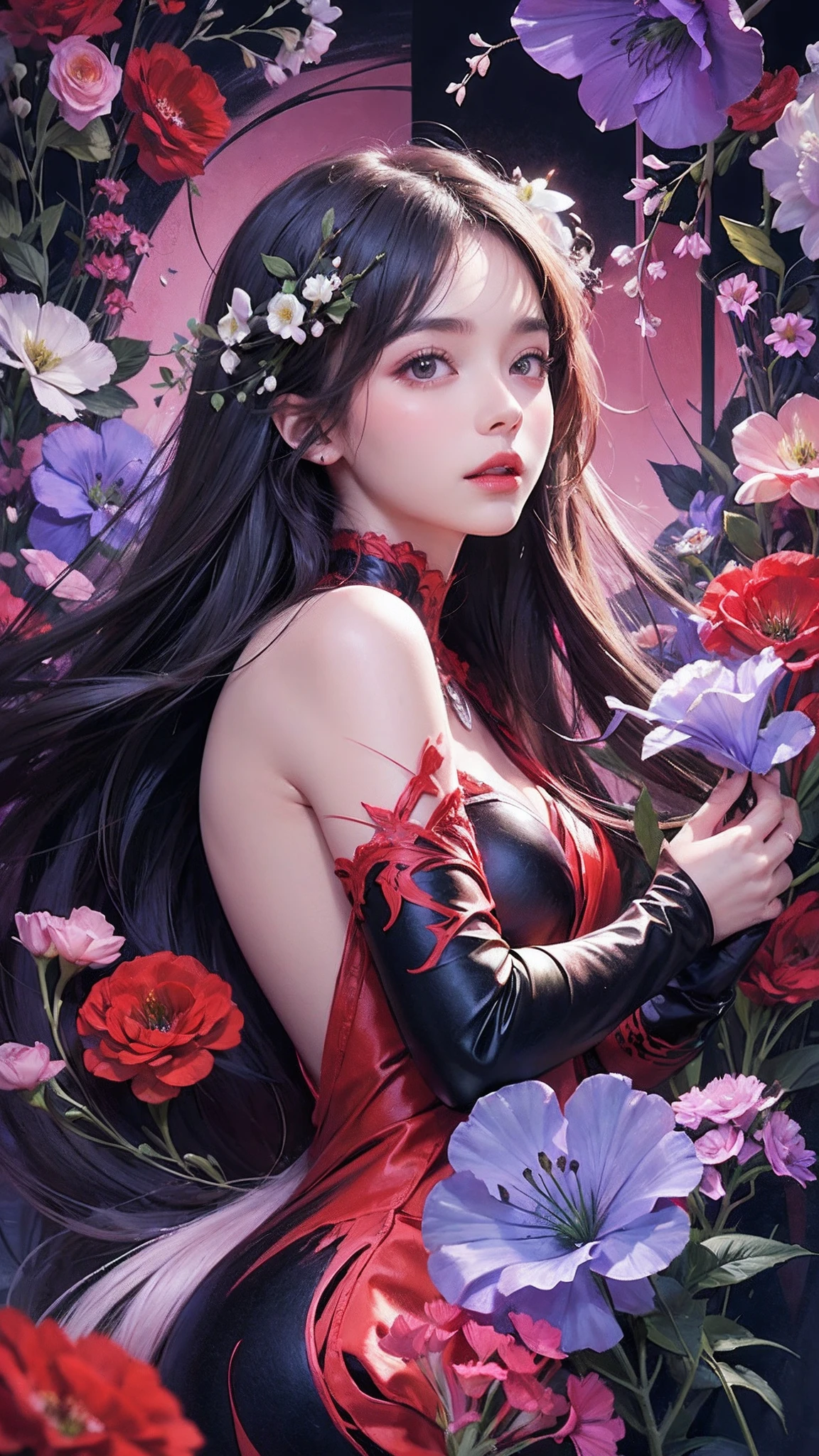 (masterpiece, of the highest quality, Best Quality, Official art, Beautiful and aesthetic:1.2), (1girl in:1.3), Extremely detailed,(Fractal Art:1.2), Colorful, highest details, 1woman, red dress, white rose, red rose, blue rose, Tangled rose vines, erotic:1.1, prisoner, castle, SFW