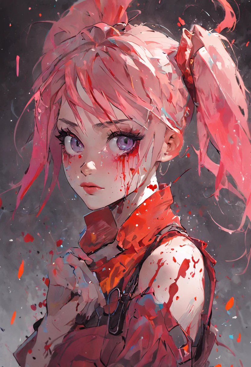 Create a medium shot, colored digital line art portrait of harley quinn character in the style of artists like Russ Mills, Sakimichan, Wlop, Loish, Artgerm, Darek Zabrocki, and Jean-Baptiste Monge. Include colorful splatter drippings, paper texture, and perfect shading, with dramatic lighting. The artwork should be centered, stylized, and elaborate, with a beautiful dress, gorgeous eyes, and a dynamic pose. TanvirTamim. rendered in 8K resolution for high-quality detail