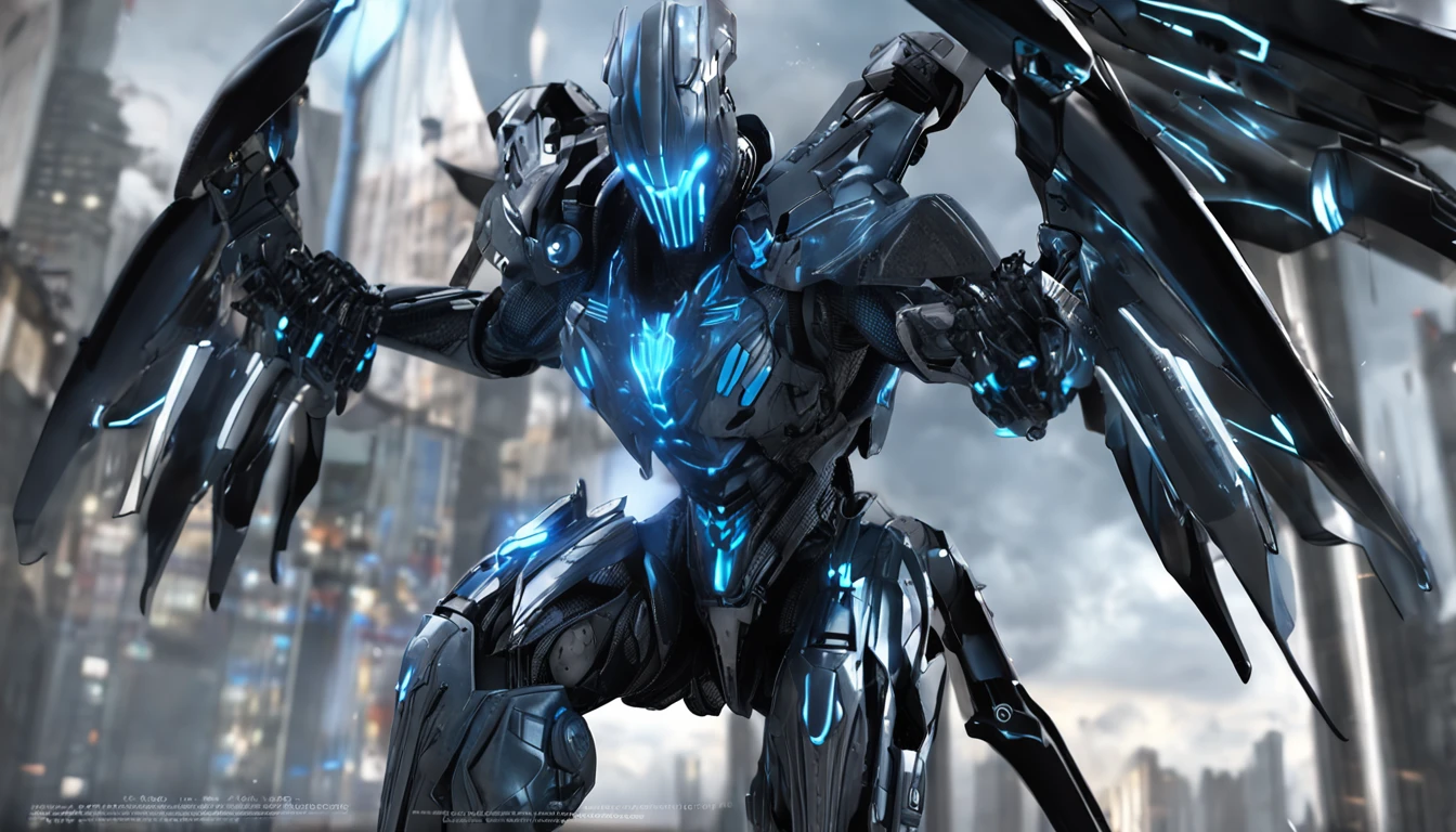Blue Ghost Hunter, super cool Ghost Killer, has huge mechanical wings, wears blue mechanical armor, lightning surrounds, holds a katana, comes with great momentum, frontal perspective, perfect body proportions, tall figure, full body photo, super detail, realistic, shiny, reflective, bioluminescence, galactic cybernetic mask, mecha, (executioner: 1.2), cape, SH4G0D, GlowingRunes_red, full body, movie, dark background, backlight, high contrast,