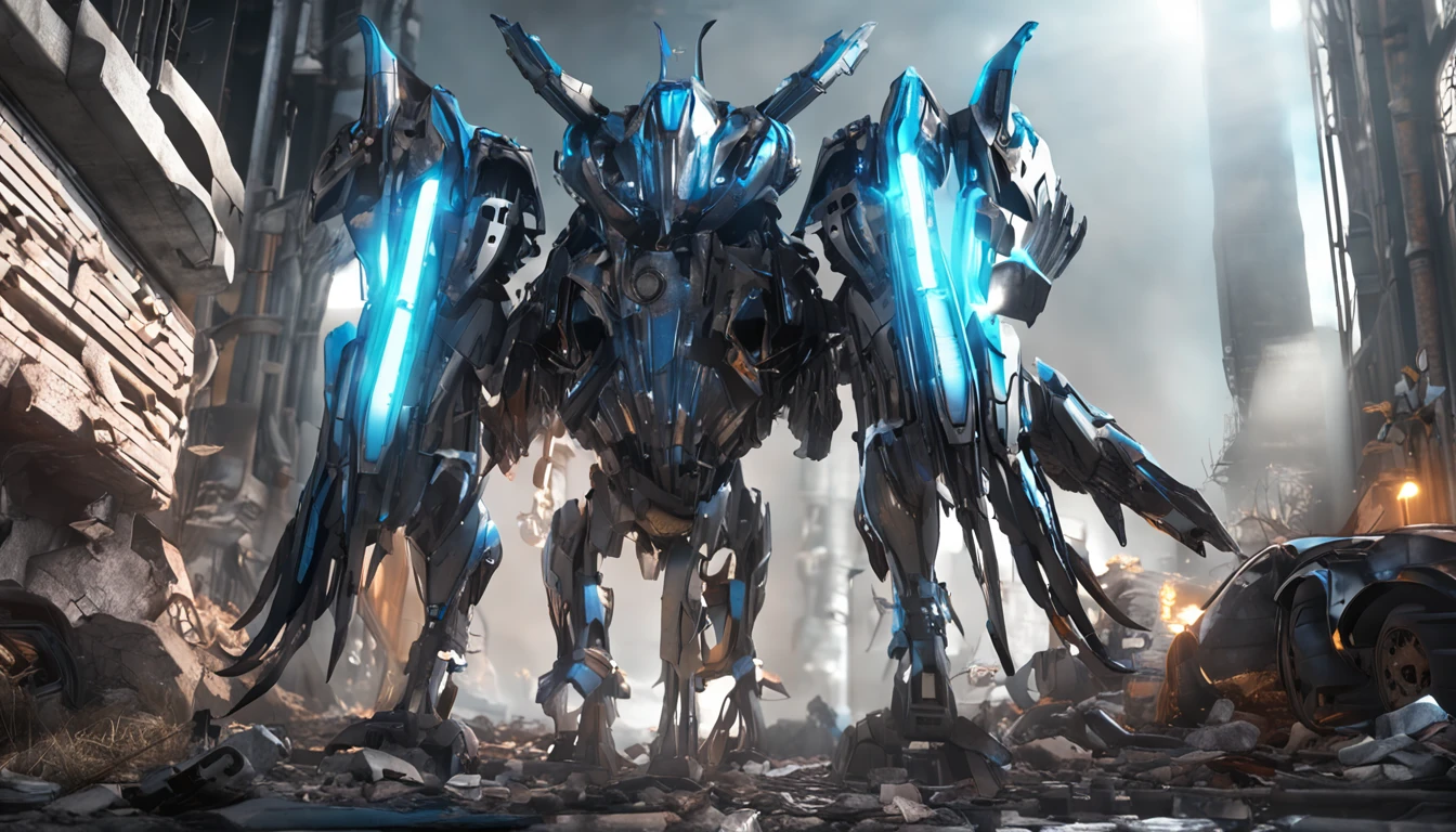 Blue Ghost Hunter, super cool Ghost Killer, has huge mechanical wings, wears blue mechanical armor, lightning surrounds, holds a katana, comes with great momentum, frontal perspective, perfect body proportions, tall figure, full body photo, super detail, realistic, shiny, reflective, bioluminescence, galactic cybernetic mask, mecha, (executioner: 1.2), cape, SH4G0D, GlowingRunes_red, full body, movie, dark background, backlight, high contrast,