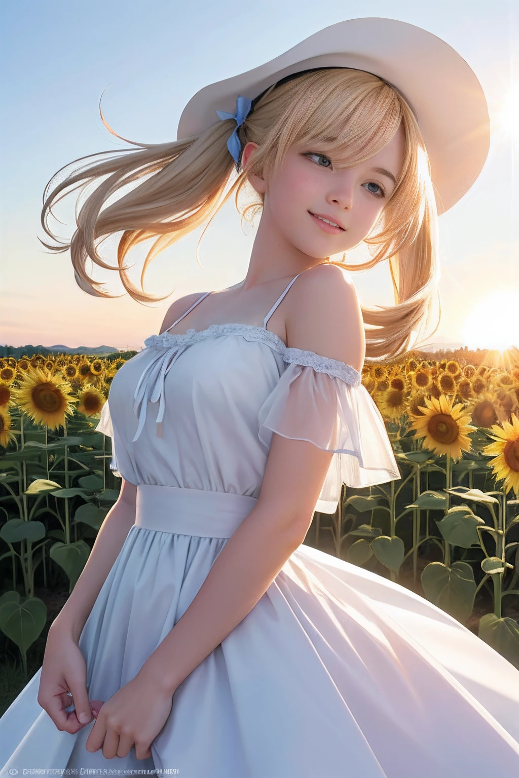 (8k, RAW photo, realistic, photo-realistic:1.5), masterpiece, best quality, high resolution, extremely detailed, detailed background, cinematic lighting, dynamic angle, lens flare, dramatic, 1girl, cute girl, solo, wind, pale-blonde hair, blue eyes, very long twintails, white hat, blue sky, laugh, flying petal, flowery field, sky, sunflower, sun, field