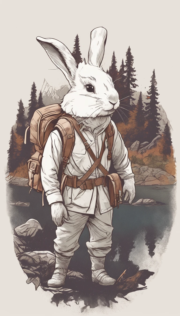 Classic negative portrait photo, fantasy video game character concept art, a cute white fluffy rabbit with a small brown leather backpack looking at a map hiking through the forest, dungeons and dragons, fantasy, river, haze, halo, Bloom, dramatic atmosphere, dark fantasy film of the 1970s, centered, rule of thirds
