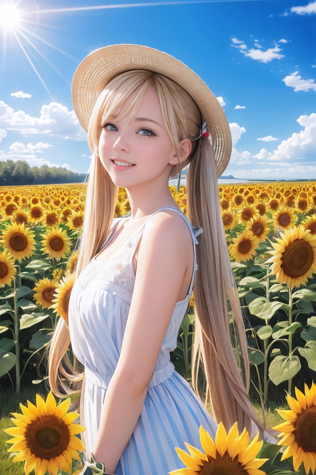 (8k, RAW photo, realistic, photo-realistic:1.5), masterpiece, best quality, high resolution, extremely detailed, detailed background, cinematic lighting, dynamic angle, lens flare, dramatic, 1girl, cute girl, solo, wind, pale-blonde hair, blue eyes, very long twintails, white hat, blue sky, laugh, flying petal, flowery field, sky, sunflower, sun, field