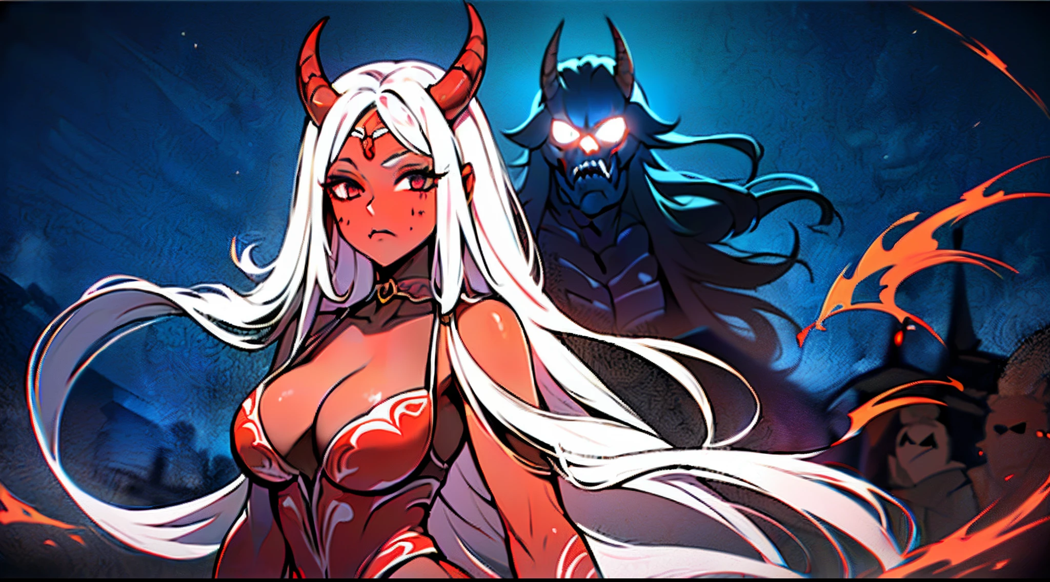 Night Parade of One Hundred Demons, Hyakki Night Line, demon, colored skin, red skin, oni, oni horns, "Night Parade of One Hundred Demons, an epic and haunting masterpiece, capturing the essence of Japanese folklore and supernatural beings, with impeccable attention to detail, vibrant colors, and dynamic lighting. A surreal and atmospheric scene depicting a winding night street, filled with a multitude of fantastical creatures such as yokai, ghosts, and spirits. The atmosphere is eerie yet beautiful, with a touch of mystery and wonder.+"