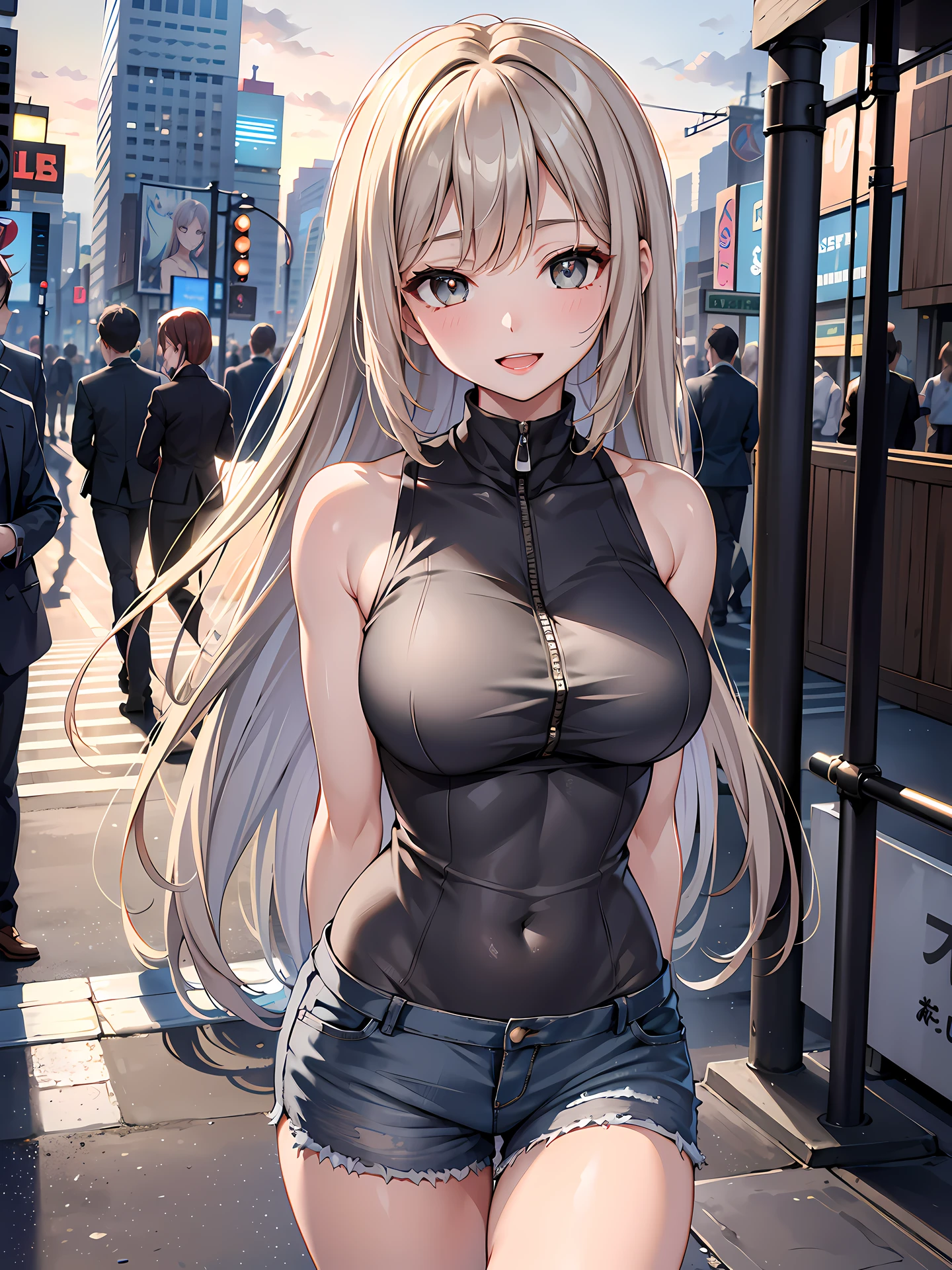 (1girl:1.3, solo), (Masterpiece, best quality, photorealistic, highres, photography, :1.3), ultra-detailed, sharp focus, professional photo, commercial photo, (upper body:1.3), (standing at downtow street), (((starring at the viewer:1.5))), (arms behind back:1.3), 
BREAK, 
1girl, solo, milf, European girl, hot model, (attractive model:1.37), (promotional model:1.2), highly detailed eyes and pupils, realistic skin, (attractive body, large breast:1.25, thin waist:1.15), medium-length thin hair, single braid hair, mahogany hair, extremely detailed hair, delicate sexy face, sensual gaze, shiny lips, 
BREAK, 
(dark-grey zip-up turtleneck sweater:1.3), (orange tank-top:1.3), (shorts:1.3), detailed clothes, 
BREAK, 
(outdoor, Times Square garden background, blurry background:1.25, simple background, no-human background, detailed background), (under sunset:1.37), 
BREAK, 
(attractive posing), ((realistic, super realistic, realism, realistic detail)), perfect anatomy, perfect proportion, bokeh, depth of field, hyper sharp image, (attractive emotion, seductive smile:1.2, happy:1.2, blush:1.2, :d:1.2, :p:1.2), 4fingers and thumb, perfect human hands, wind,