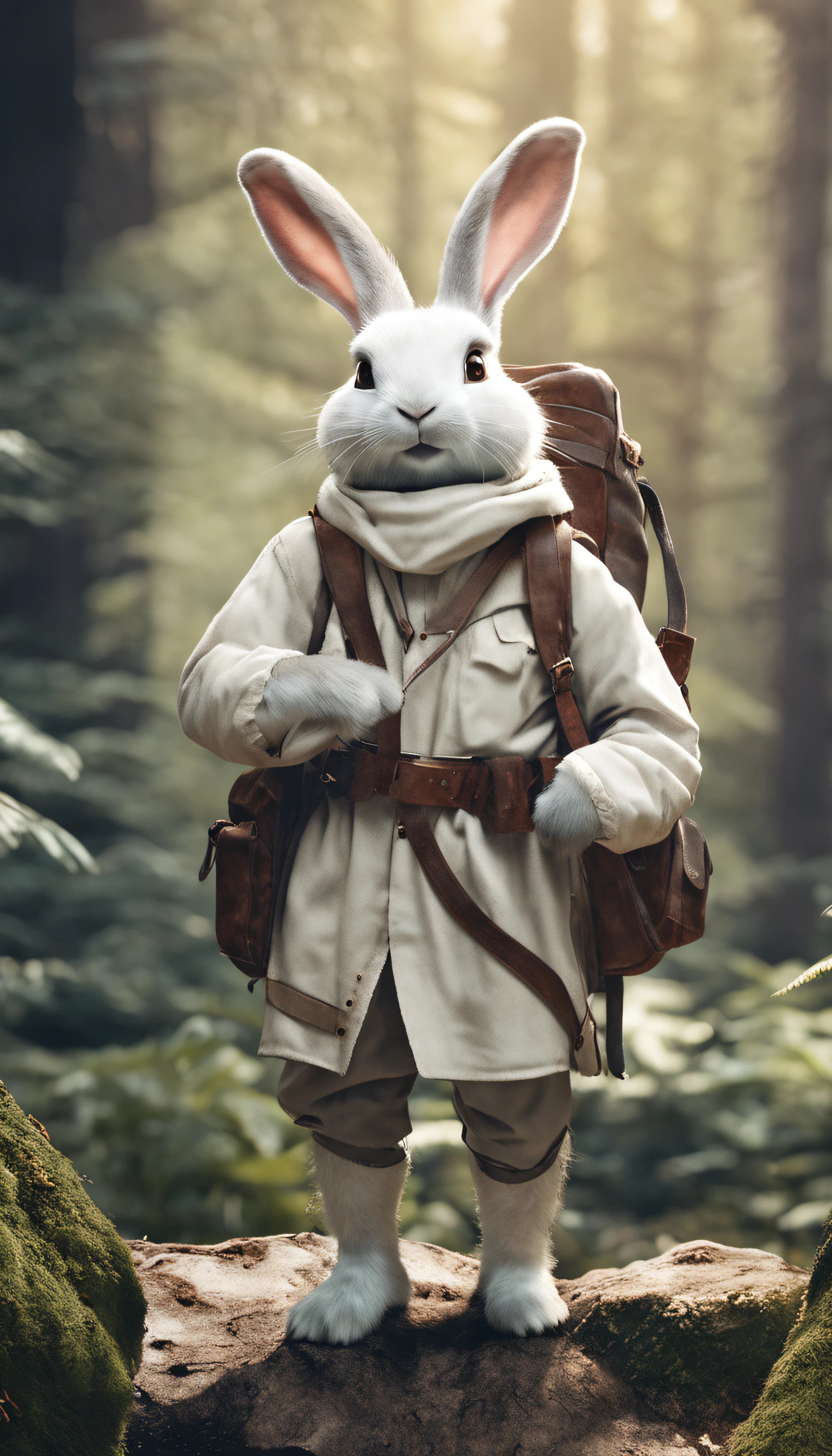 Classic negative portrait photo, fantasy video game character concept art, a cute white fluffy rabbit with a small brown leather backpack looking at a map hiking through the forest, dungeons and dragons, fantasy, river, haze, halo, Bloom, dramatic atmosphere, dark fantasy film of the 1970s, centered, rule of thirds
