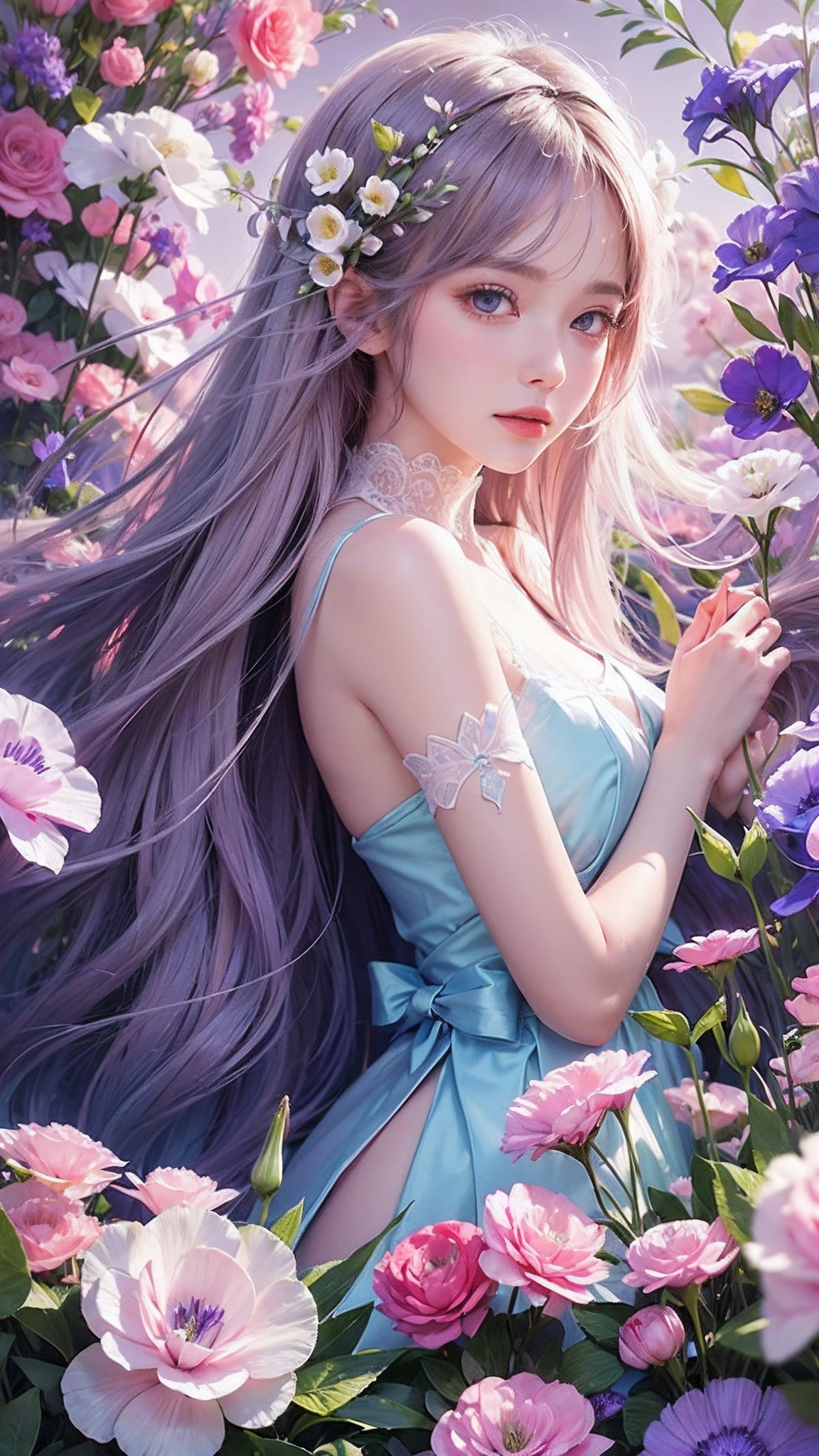 1girl, long hair, flower, Lisianthus, in the style of light pink and light azure, dreamy and romantic compositions, pale pink, ethereal foliage, playful arrangements,fantasy, high contrast, ink strokes, explosions, over exposure, purple and red tone impression, abstract, whole body capture,