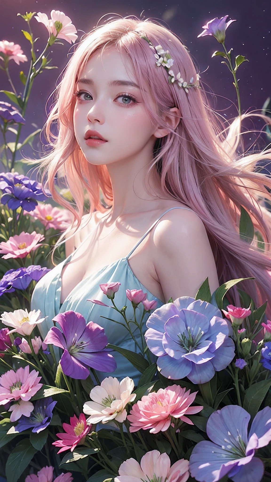 1girl, long hair, flower, Lisianthus, in the style of light pink and light azure, dreamy and romantic compositions, pale pink, ethereal foliage, playful arrangements,fantasy, high contrast, ink strokes, explosions, over exposure, purple and red tone impression, abstract, whole body capture,