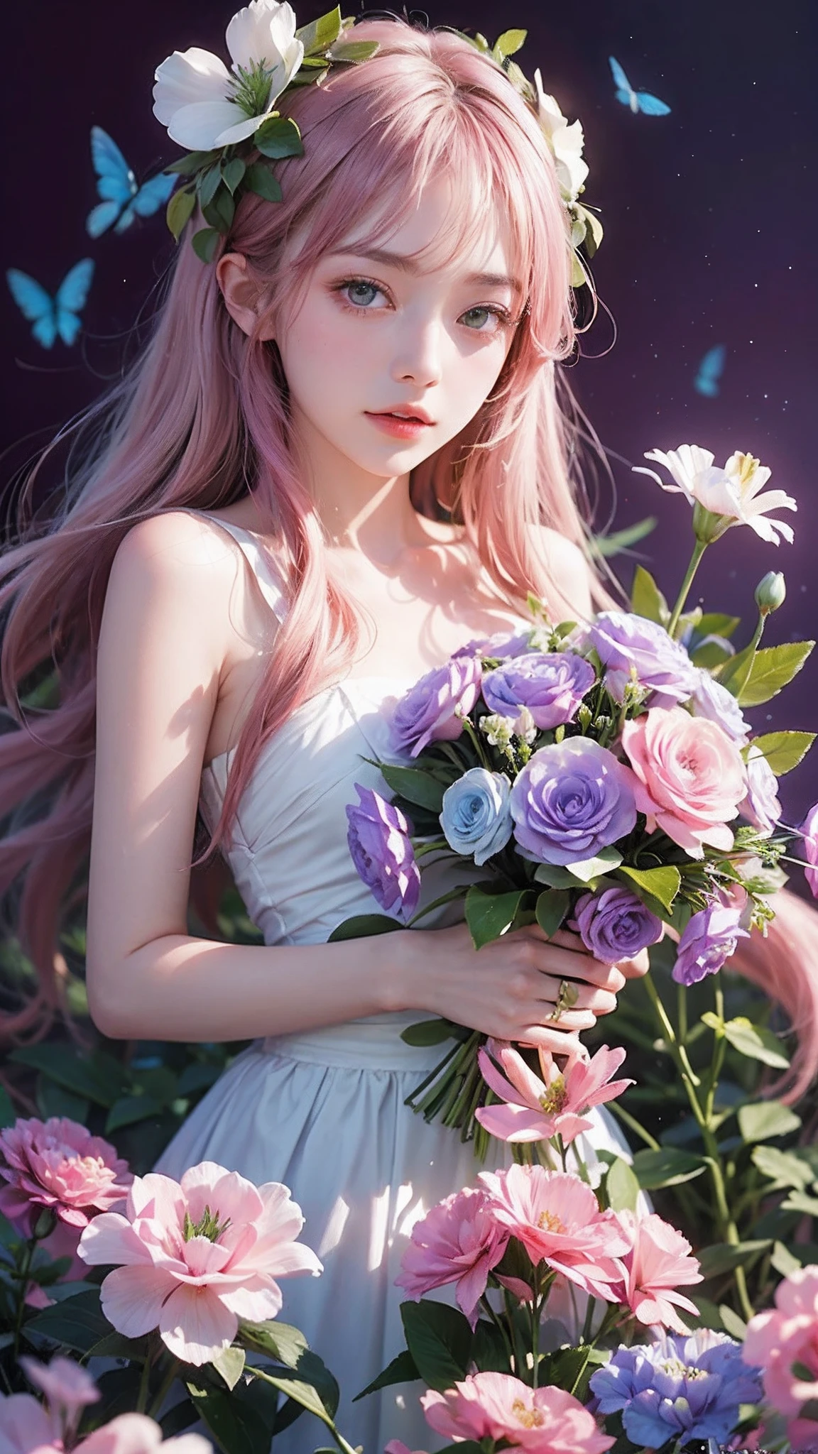 1girl, long hair, flower, Lisianthus, in the style of light pink and light azure, dreamy and romantic compositions, pale pink, ethereal foliage, playful arrangements,fantasy, high contrast, ink strokes, explosions, over exposure, purple and red tone impression, abstract, whole body capture,