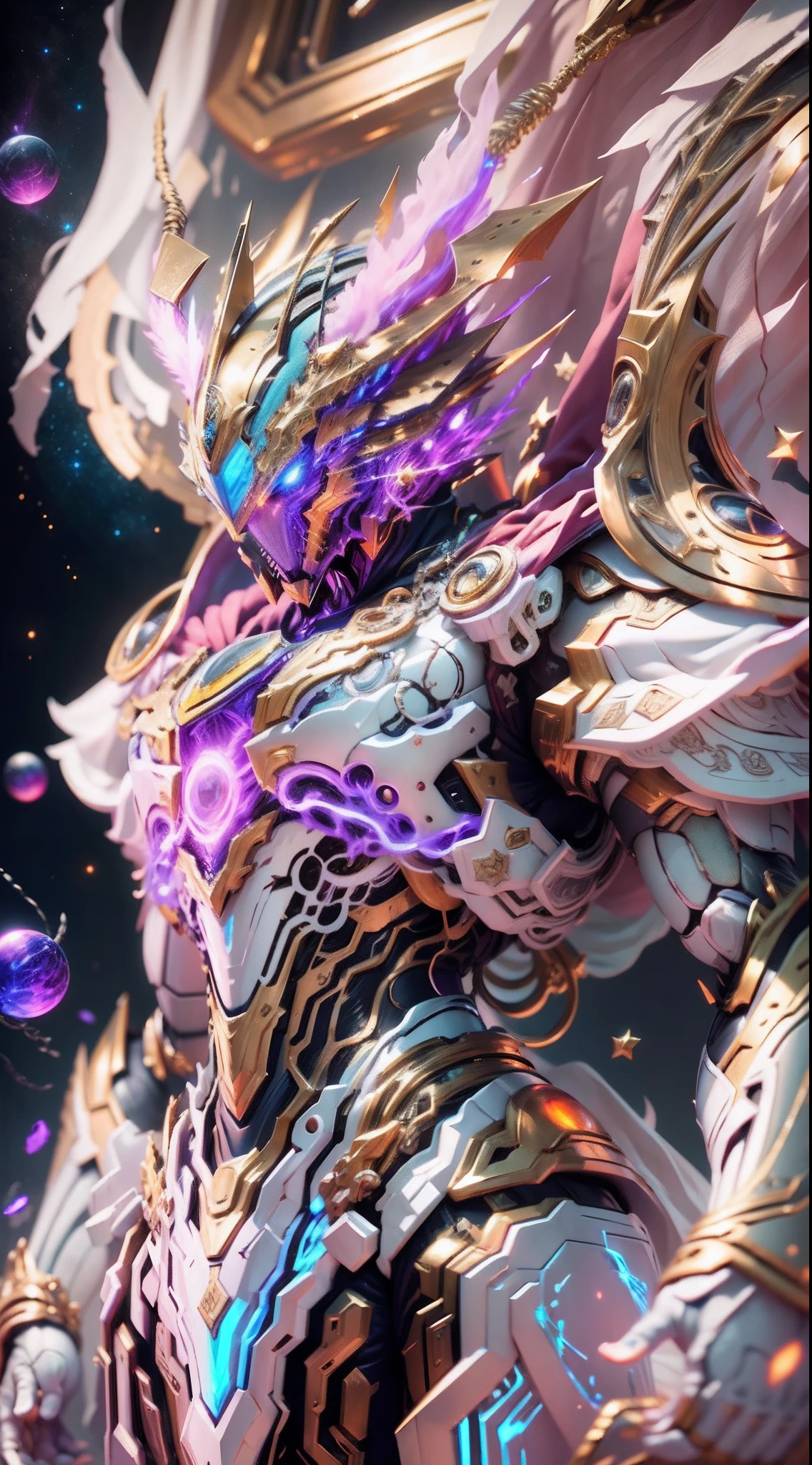 A Dragon Emperor in the Milky Way, Sun Surface on background, Golden Saint Seiya Limb Armor, (Cloak), (Dragon Symbol: 1.5), (Gundam Exia: 1.5), (Starry Sky: 1.8) (Mecha) (Mechanical) (Armor), (Open leg: 1.3), Perfect, (Wide Angle), (Black Background: 1.6), Best Quality, Masterpiece, Super Resolution, (Reality: 1.4), Crazy Detail, Unrealistic Engine Style, Boca Effect, David La Chapelle style lens, bioluminescent palette: light blue, light gold, light pink, bright white, wide angle, ultra-fine, cinematic still life, vibrant, Sakimichan style, perfect eyes, highest image quality 8K, inspired by Harry Winston, Canon EOS R 6 shooting masterpiece "Chaos 50,--, under eye mole, ray tracing, surrealism, textured skin