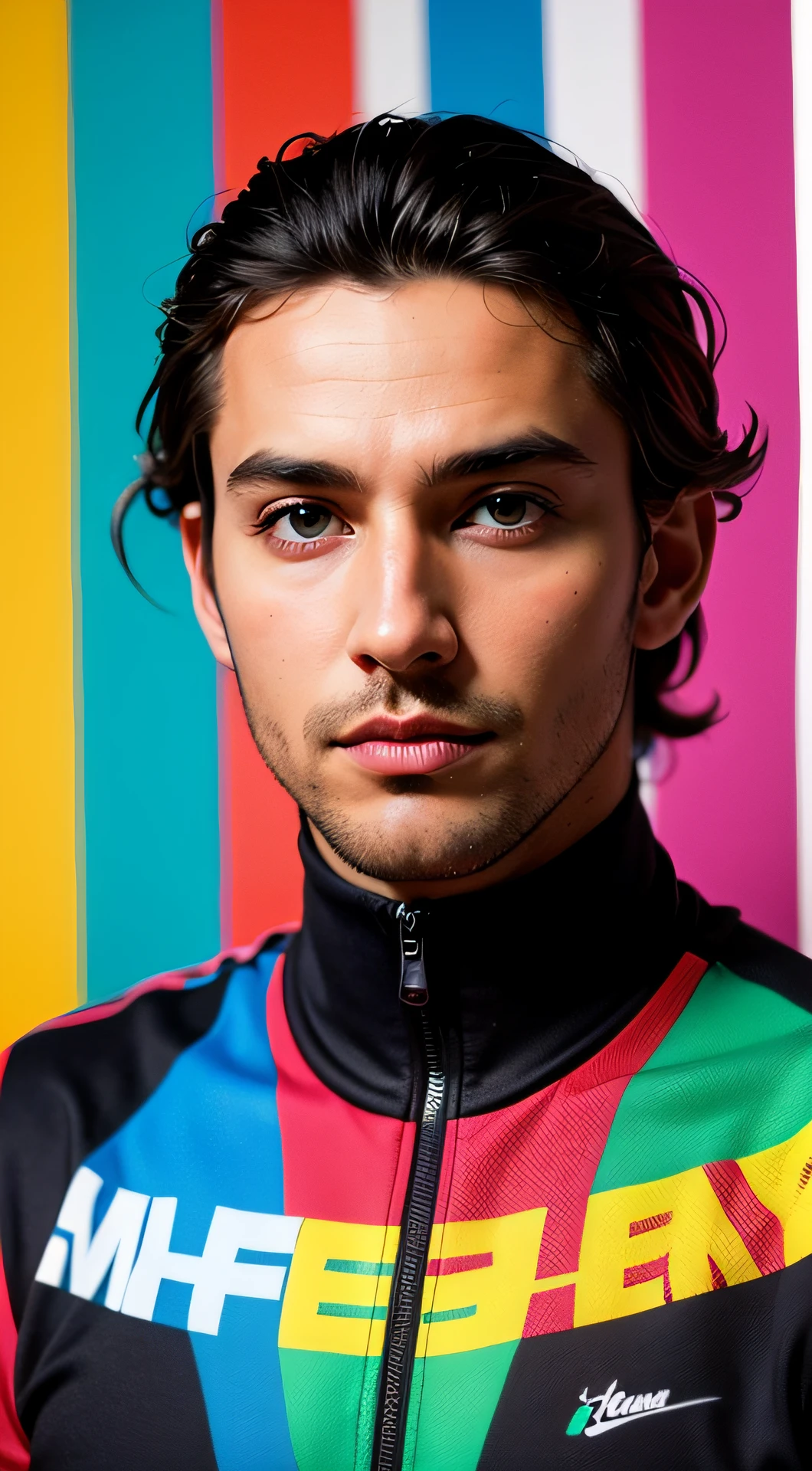 (LOÏC BRUNI, FROM 33 YEARS OLD., French athlete competing in mountain biking, Posa de frente y relajado, alegre, sonriente. Eduardo Kobra ,Romero Brito,Los gemelos que se llenan ,multidimensional geometric wall PORTRAIT, arte, Chibi, yang08k, Beautiful, Colorante, Obras primarias, calidad superior, La mejor calidad, arte oficial, beautiful and aesthetic, 512 mil
