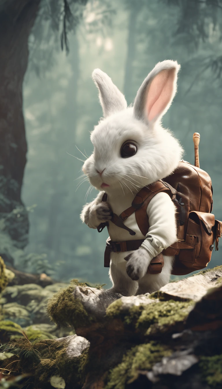Classic negative portrait photo, fantasy video game character concept art, a cute white fluffy rabbit with a small brown leather backpack looking at a map hiking through the forest, dungeons and dragons, fantasy, river, haze, halo, Bloom, dramatic atmosphere, dark fantasy film of the 1970s, centered, rule of thirds