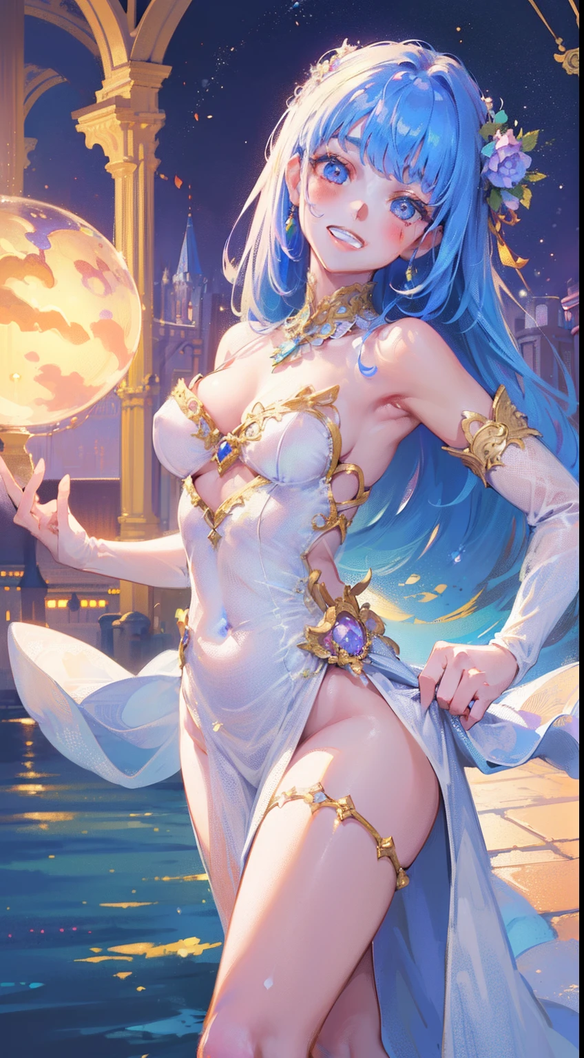 (((masterpiece, best quality, 8k resolution, sharp focus, Intricate details, beautiful girl, glowing eyes, Face Golden Ratio, otherworldly liquid, watercolor, ((Pastel)), Bright colors, whimsical, Multifaceted, focus sharp, very high resolution, fine detail, princess costume sexy ball, ((round eyes)), iridescent bubbles, castle landscape in background), standing, (mouth open), lips, (smiling), (teeth)