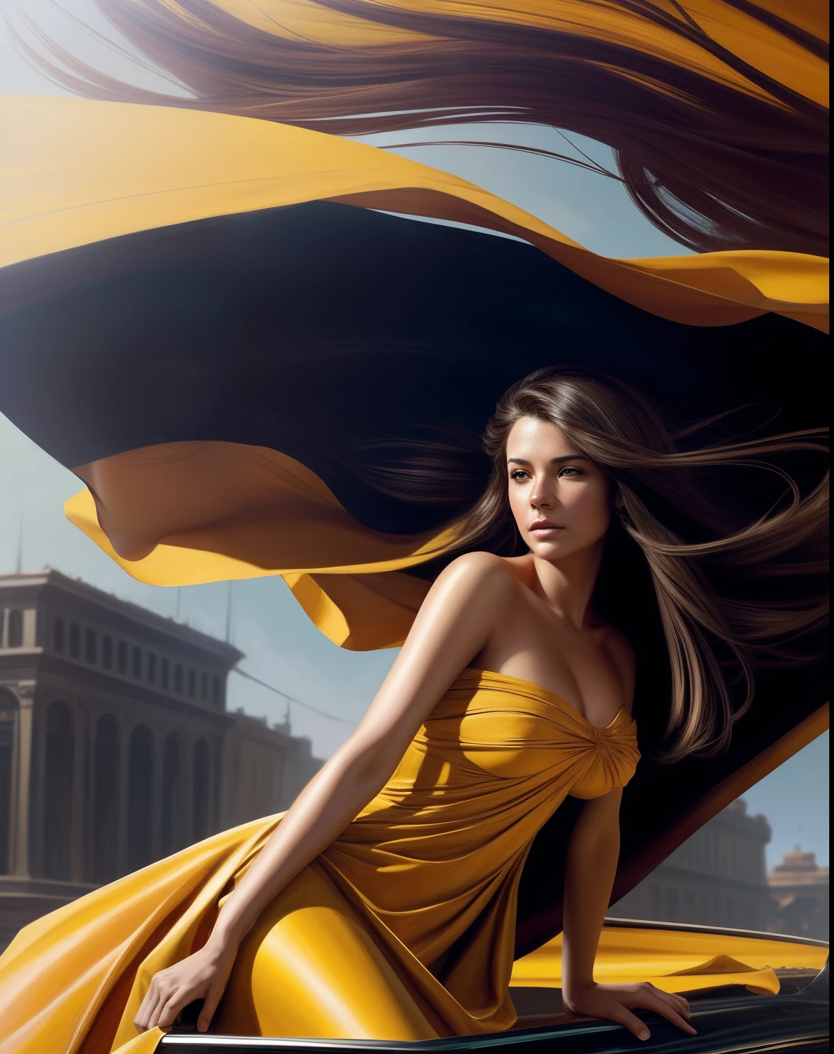 (a cinematic scene:1.2) ,a gorgeous woman with dense hair blowing in the wind, detailed pupils, round iris, realistic skin, detailed face, in the style of Alex Maleev, Ian McQue, Anna Bocek, Rolf Armstrong, balanced color schemes, red yellow black, volume light, ultra-detailed, uhd, masterpiece