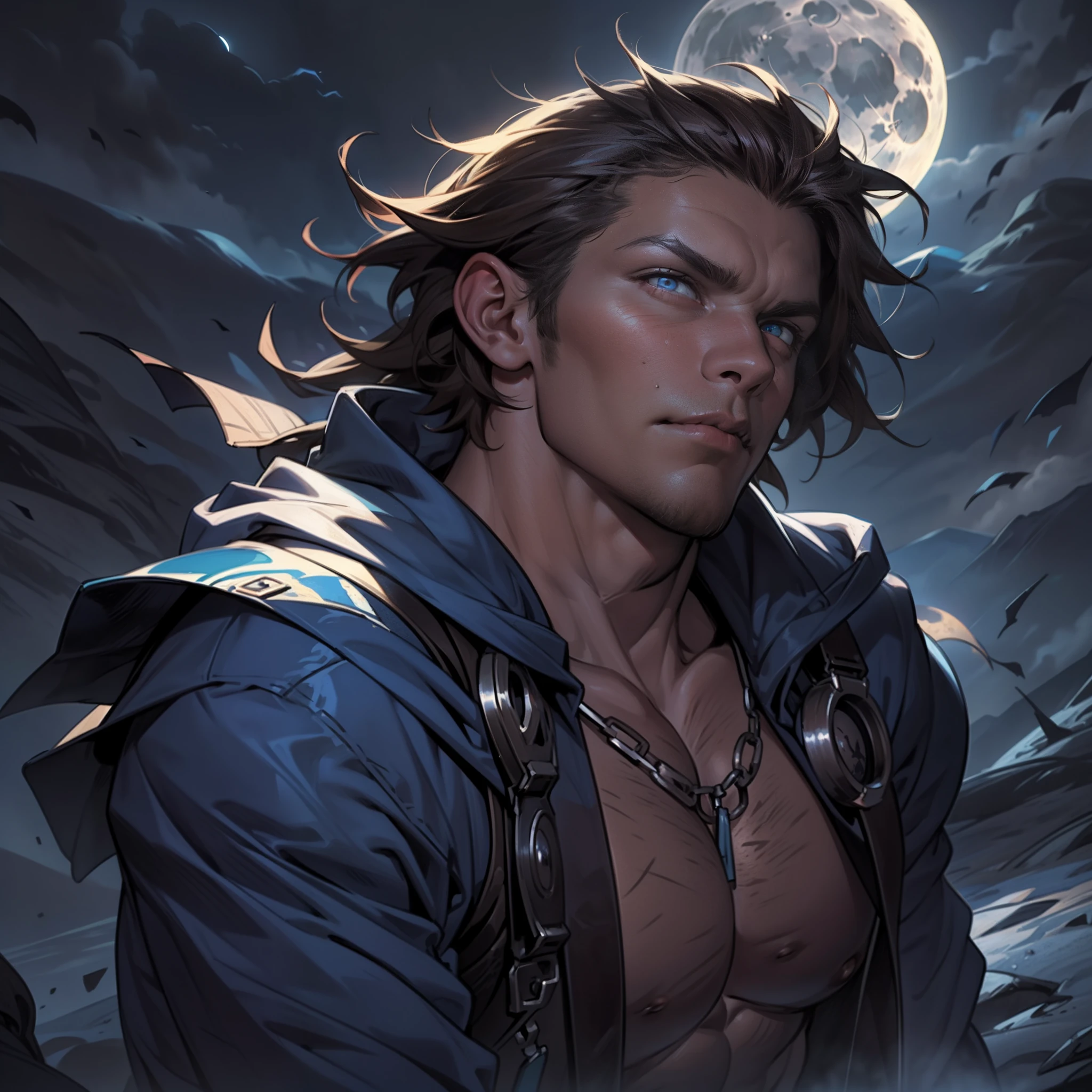 ((Realistic lighting, top quality, 32K, Masterpiece: 1.3)), Sharp Focus: 1.2, 1 male, Perfectly a giant monkeyFigured Male: 1.4, Abs: 1.1, ((Dark Brown Hair, Physique: 1.4)), the top of a mountain, (Night: 1.1), ((Moonlight, shiny area 29% bright)), Super Detailed Face, Detailed Eyes, A great monkey looking up at the moon, a vast expanse of land, The face is bare, shaggy hairy gigantic A great monkey anime style,