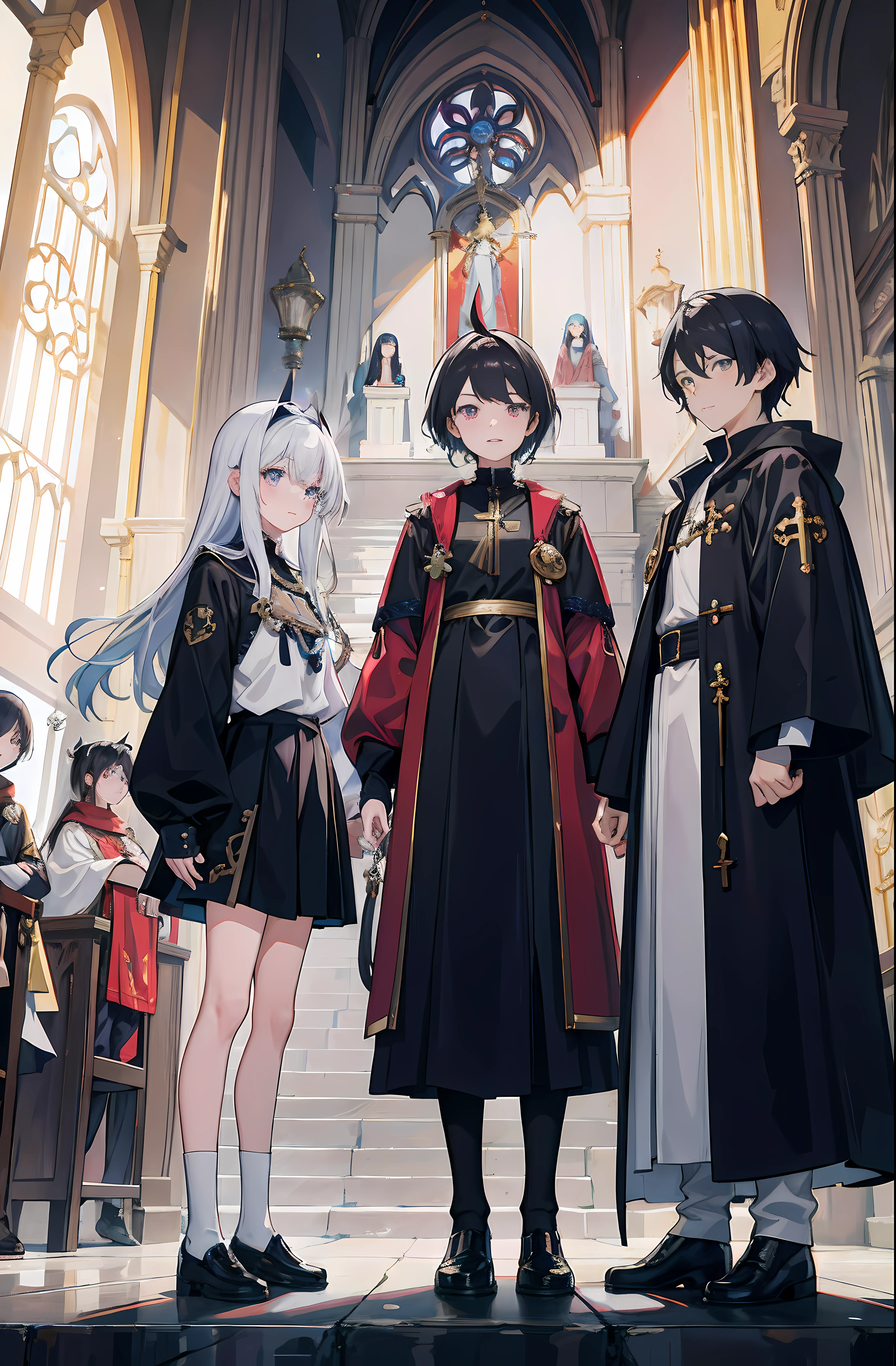 Anime characters standing in church with priests and priests, popular isekai anime, anime key visual”, anime key visual concept, official anime key visual, key visual, anime key visual concept art of, isekai, high detailed official artwork, anime key visual, visual novel key visual, anime key art, anime background key visual, offcial art, Official anime artwork,black hair, hair bobbles, wince, longeyelashes, solid circle eyes, fake animal ears, light smile, ear blush, fang, Surrealism, drop shadow, anaglyph, stereogram, tachi-e, pov, atmospheric perspective, 8k, super detail, ccurate, best quality, UHD, masterpiece, textured skin, high quality, best quality, 16k