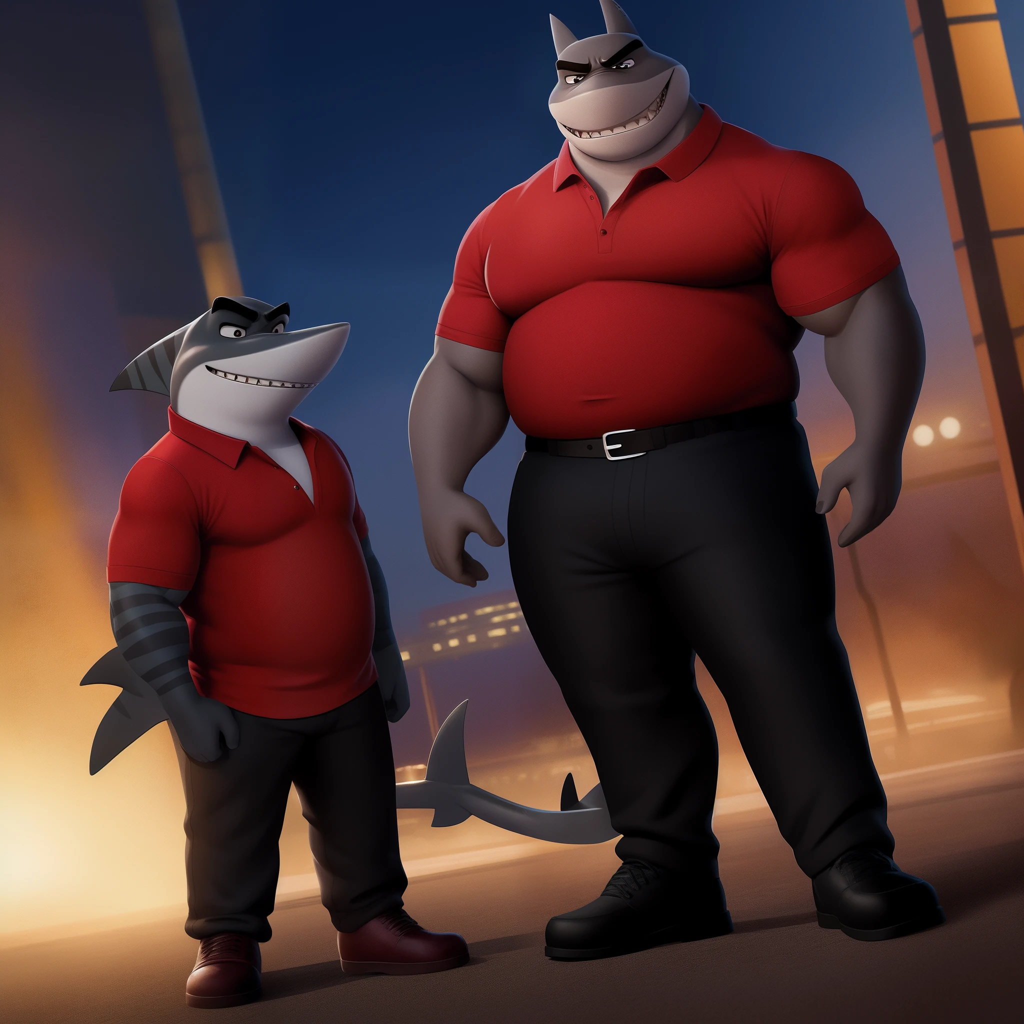 Imagine Mr. Shark, the stocky and strong humanoid shark from the movie "The Bad Guys". He has a fat and chubby build, with a body similar to that of a shark, but with humanoid features. Its skin is a dark greyish tone and it has prominent fins on its arms and legs. Its head is similar to that of a shark, with sharp white teeth and big eyes. He is dressed with red polo, black pants and black shoes. Be sure to capture her good-natured and determined personality in the image