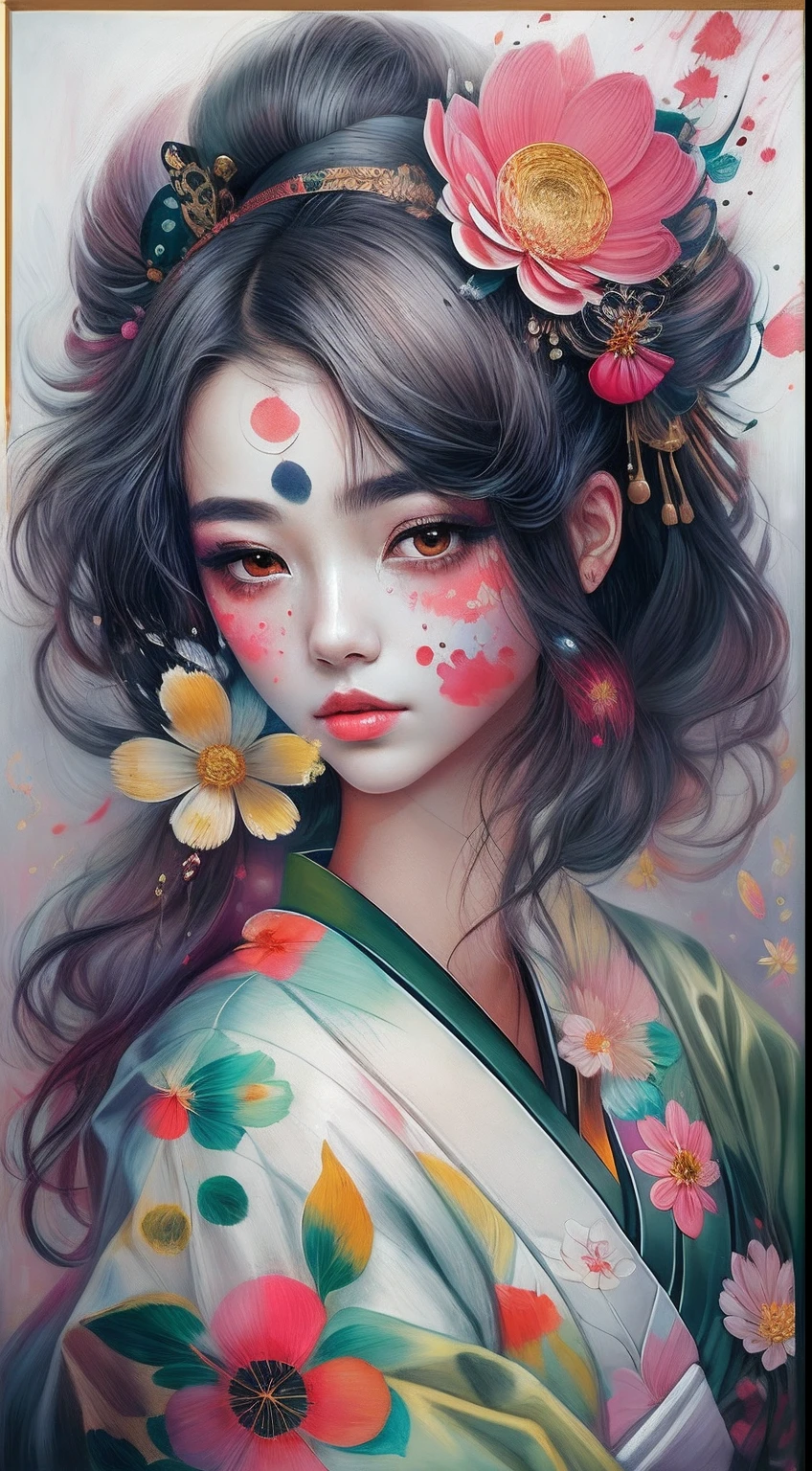 best qualtiy，tmasterpiece，portrait of 1 girl，smudge art，Core pulp（1 Geisha）The drops，Melted，Flower background