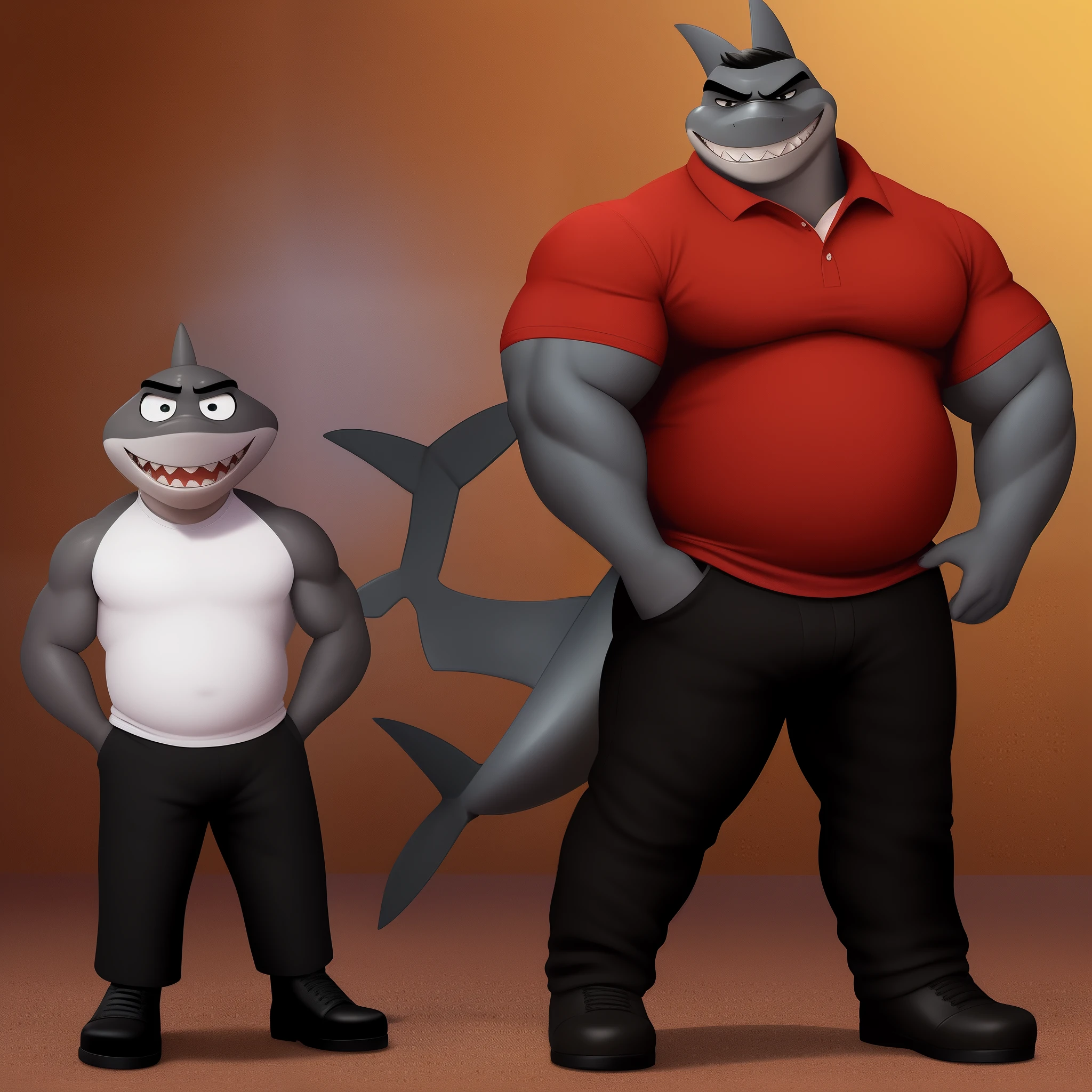 Imagine Mr. Shark, the stocky and strong humanoid shark from the movie "The Bad Guys". He has a fat and chubby build, with a body similar to that of a shark, but with humanoid features. Its skin is a dark greyish tone and it has prominent fins on its arms and legs. Its head is similar to that of a shark, with sharp white teeth and big eyes. He is dressed with red polo, black pants and black shoes. Be sure to capture her good-natured and determined personality in the image