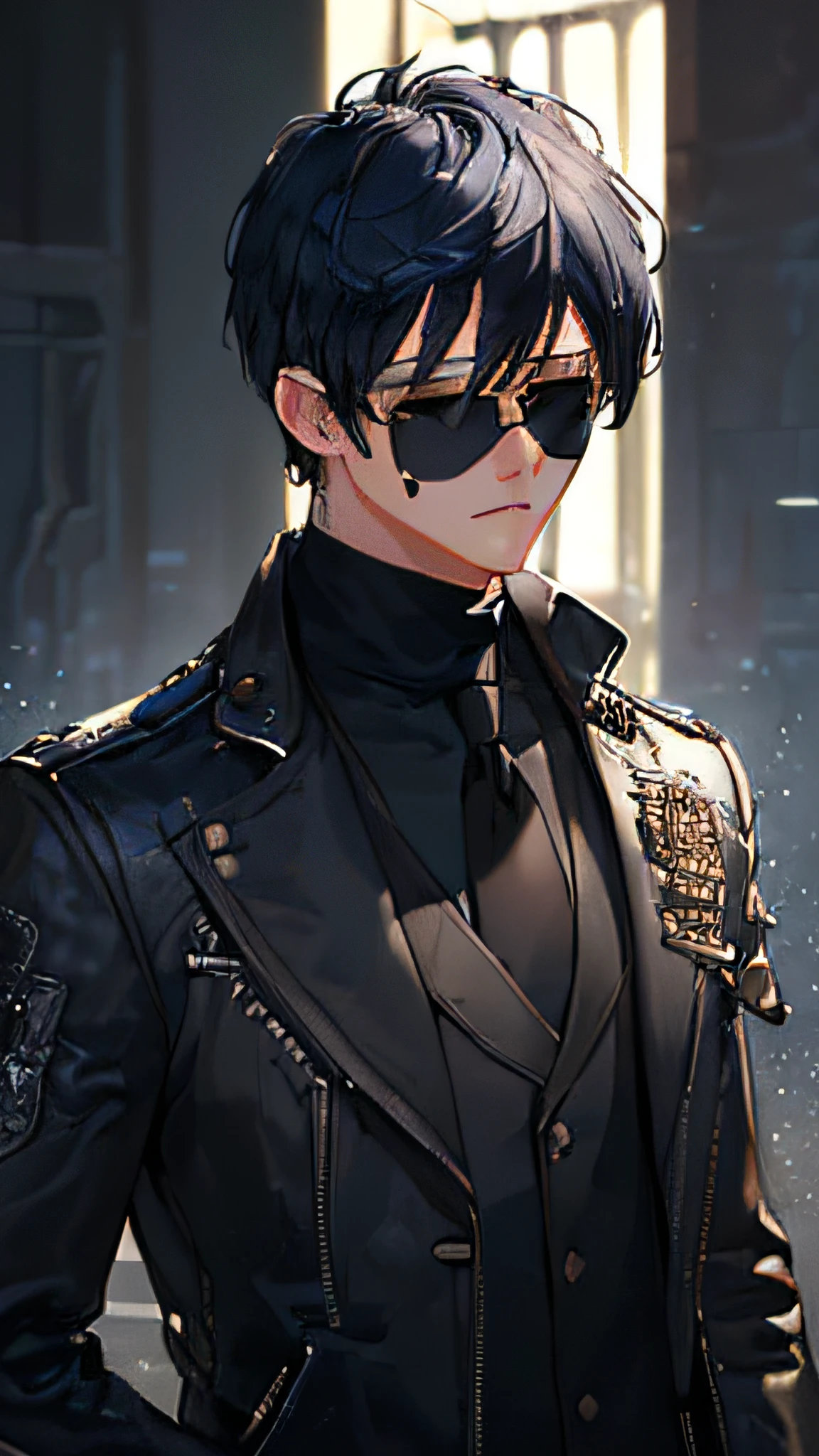 ((((Clean, (Masterpiece), best quality, professional, highly detailed, HDR,UHD,16K)))) 1boy, adult, (black aviator shades:1.5), true blue hair, short hair, stylish hair, cool face, black blazer, black turtleneck, black waistcoat, (black gloves:1.3), simple background, (looking over back)
