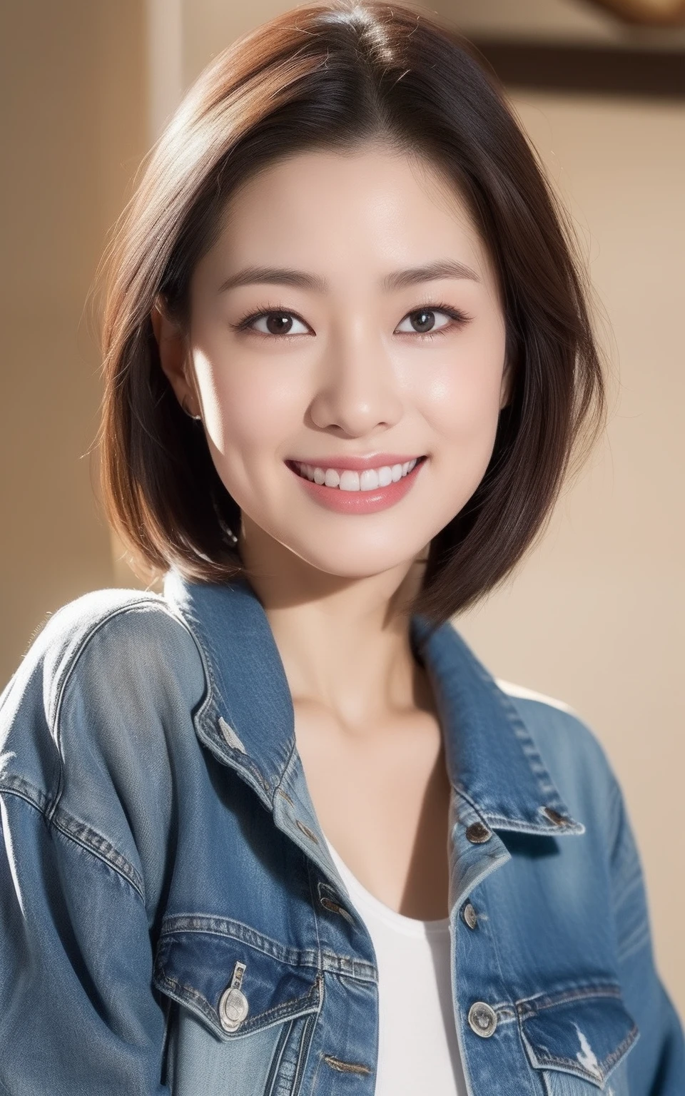 ((top-quality、8K、tmasterpiece:1.3、超A high resolution))、(Clear focus:1.4)、Break、A Japanese lady、a 、1 persons、full body Esbian、light-skinned、((dark brown hair))、bob-cut、Break HA、(Denim jacket and boyfriend jeans:1.5、Detailed fabrics)、Break HA、carryng bag、sandals、Break HA、Super fine face、A detailed eye、Narrow-eyed、二重まぶた、Break HA、Reddish cheeks、Detailed skin、full of sweat、Glossy glossy skin、glowy skin、Shine skin、Shadow skin、glowy skin、putting makeup on、Break HA、Ruddy lips、Laughing、(Colossal tits:1.1)、Beautiful leg line、looking in camera、Break、(细致背景、细致背景、dining room:1.5)、The wind is blowing、Morning、Winters、Natural lighting