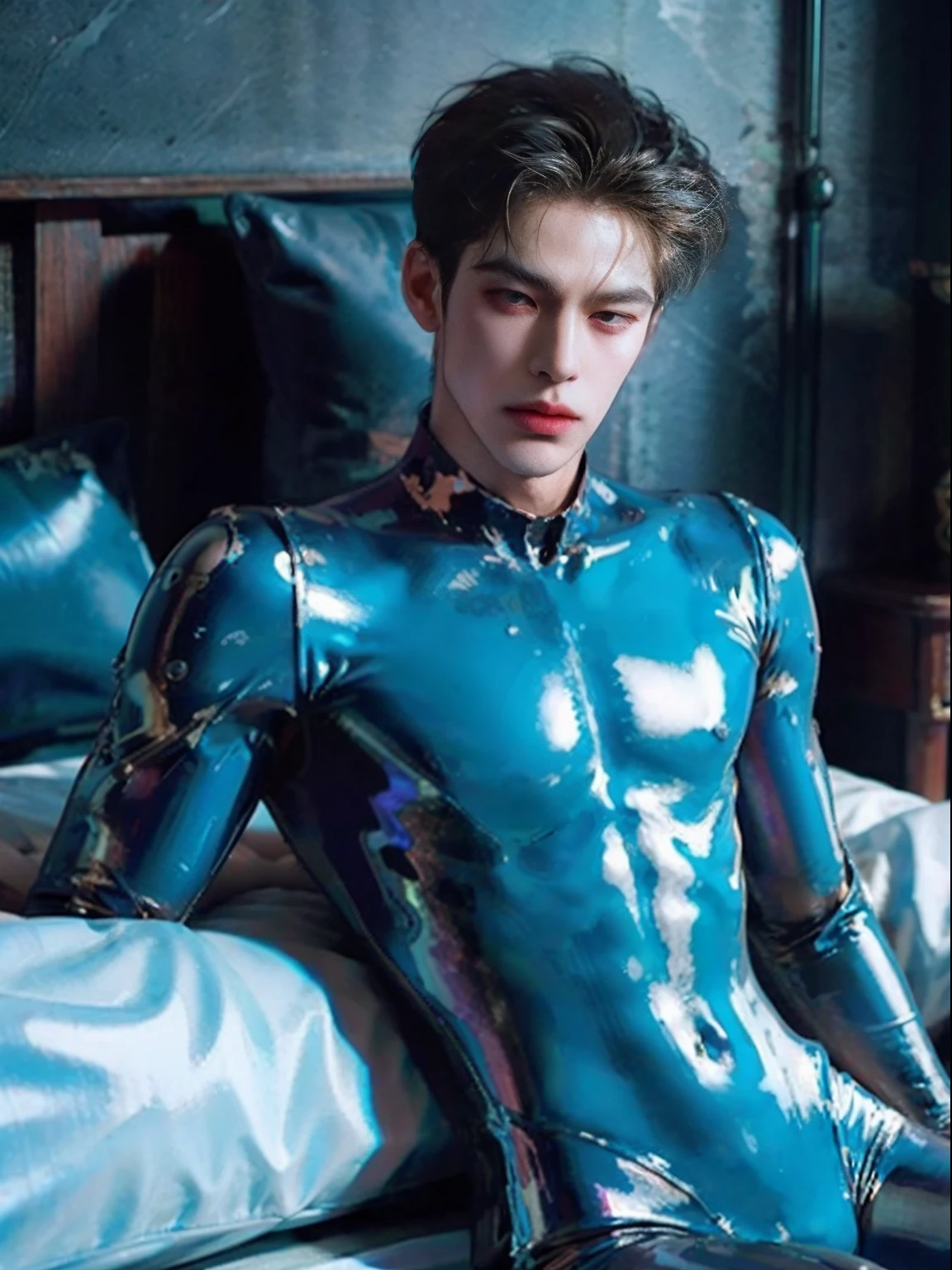 Hwang Xuanchen,full bodyesbian,Lie down in bed,Tied up,Can't move,full bodyesbian,Sunny and handsome,Muscular body,large muscle,fully body photo,One-piece latex garment,latex shiny, latex legwear,latex glove,Shin Evangelion,Put it on the combat base,Blue tight combat suit,Latex Combat Suit,Wear latex clothing, Wearing a blue skinny suit, Smooth pink skin, Wearing latex, shiny plastic, shiny metallic glossy skin, Sparkly Colors, latex outfit, chrome bodysuit, cyberpunk glossy latex suit, Shiny, futuristic glossy latex suit
