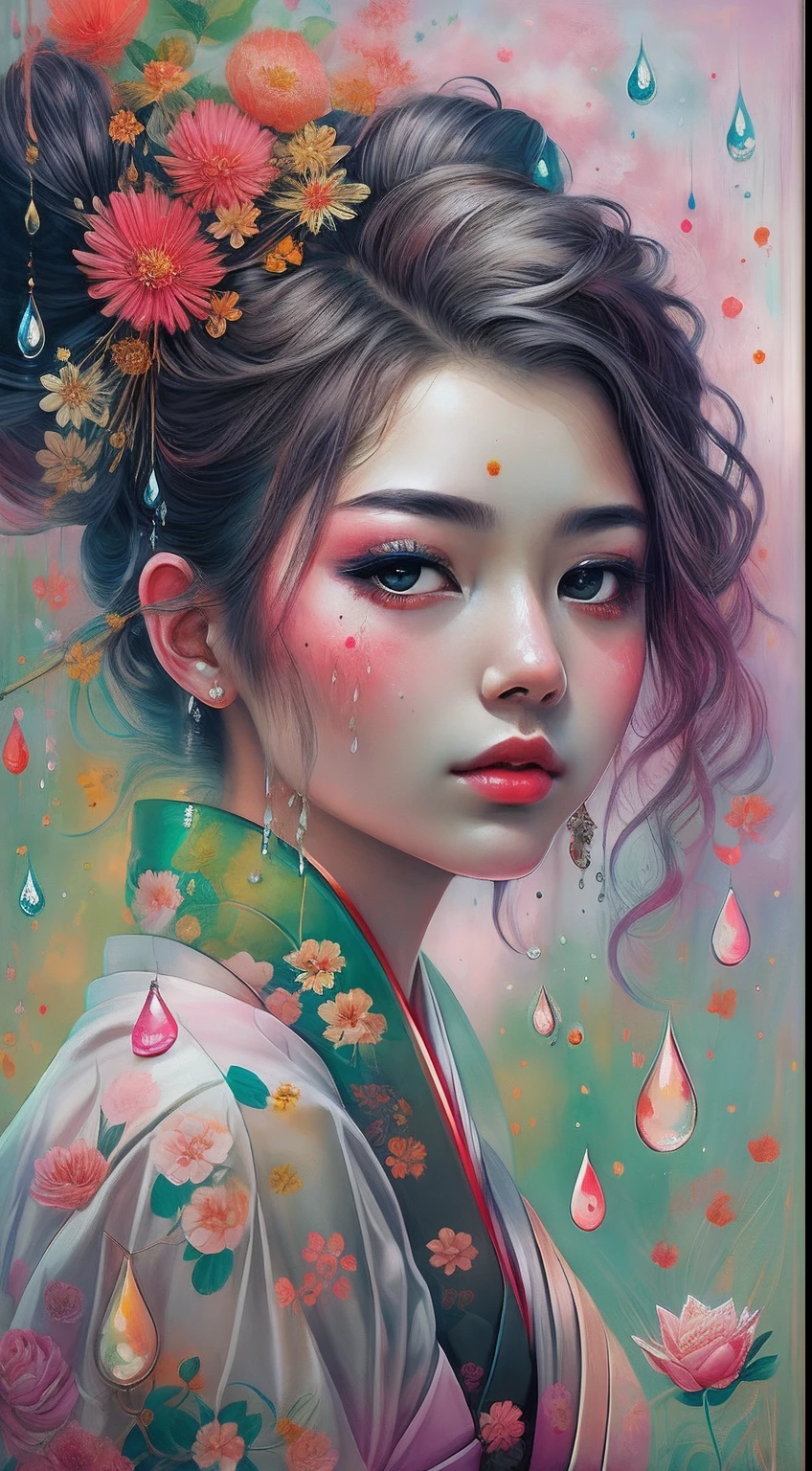 best qualtiy，tmasterpiece，portrait of 1 girl，smudge art，Core pulp（1 Geisha）The drops，Melted，Flower background
