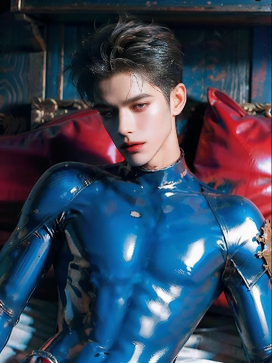Hwang Xuanchen,full bodyesbian,Lie down in bed,Tied up,Can't move,full bodyesbian,Sunny and handsome,Muscular body,large muscle,fully body photo,One-piece latex garment,latex shiny, latex legwear,latex glove,Shin Evangelion,Put it on the combat base,Blue tight combat suit,Latex Combat Suit,Wear latex clothing, Wearing a blue skinny suit, Smooth pink skin, Wearing latex, shiny plastic, shiny metallic glossy skin, Sparkly Colors, latex outfit, chrome bodysuit, cyberpunk glossy latex suit, Shiny, futuristic glossy latex suit