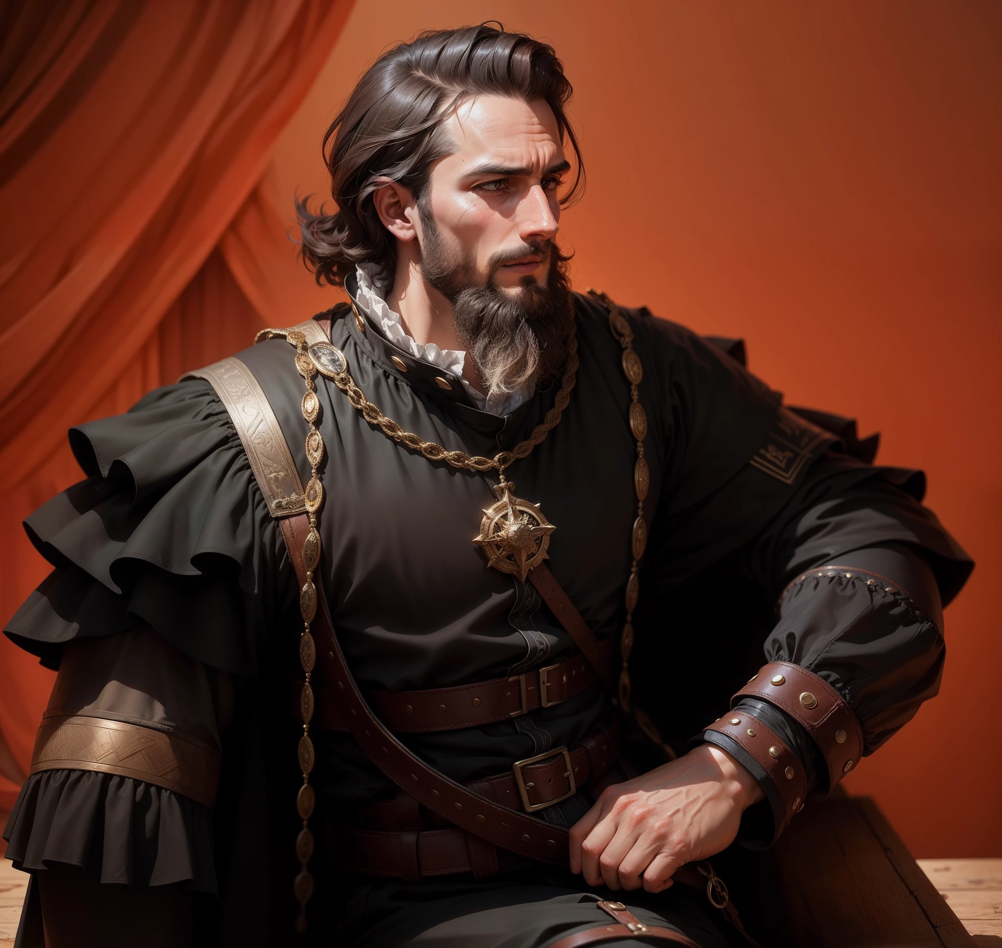 Francisco de Almeida, navigator, governor, captain, no hair, no hat, 16th century, renaissance, age of exploration, age of 30, young, with brown hair, very short beard, man, Portuguese, the greatest of all the times, great, the god of Mars, hero, ill-fated, daring, brave, fair, great, energetic, neat, knowledgeable, intelligent, solid, strong, very attractive, powerful, realistic, bright, loyal, hero, decisiveness, stubbornness