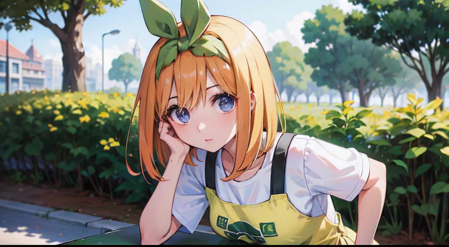 Chica se acerca corriendo Hacia ti en frente, primer plano, yotsuba nakano, yotsuba, escuela, liston verde, cabello naranja, cabello corto, falda verde,corriendo, chica anime, anime, enfrente, primer plano, corriende en primer plano, enfrente, ((con los brazos abiertos), ((primer plano)), ((enfrente))