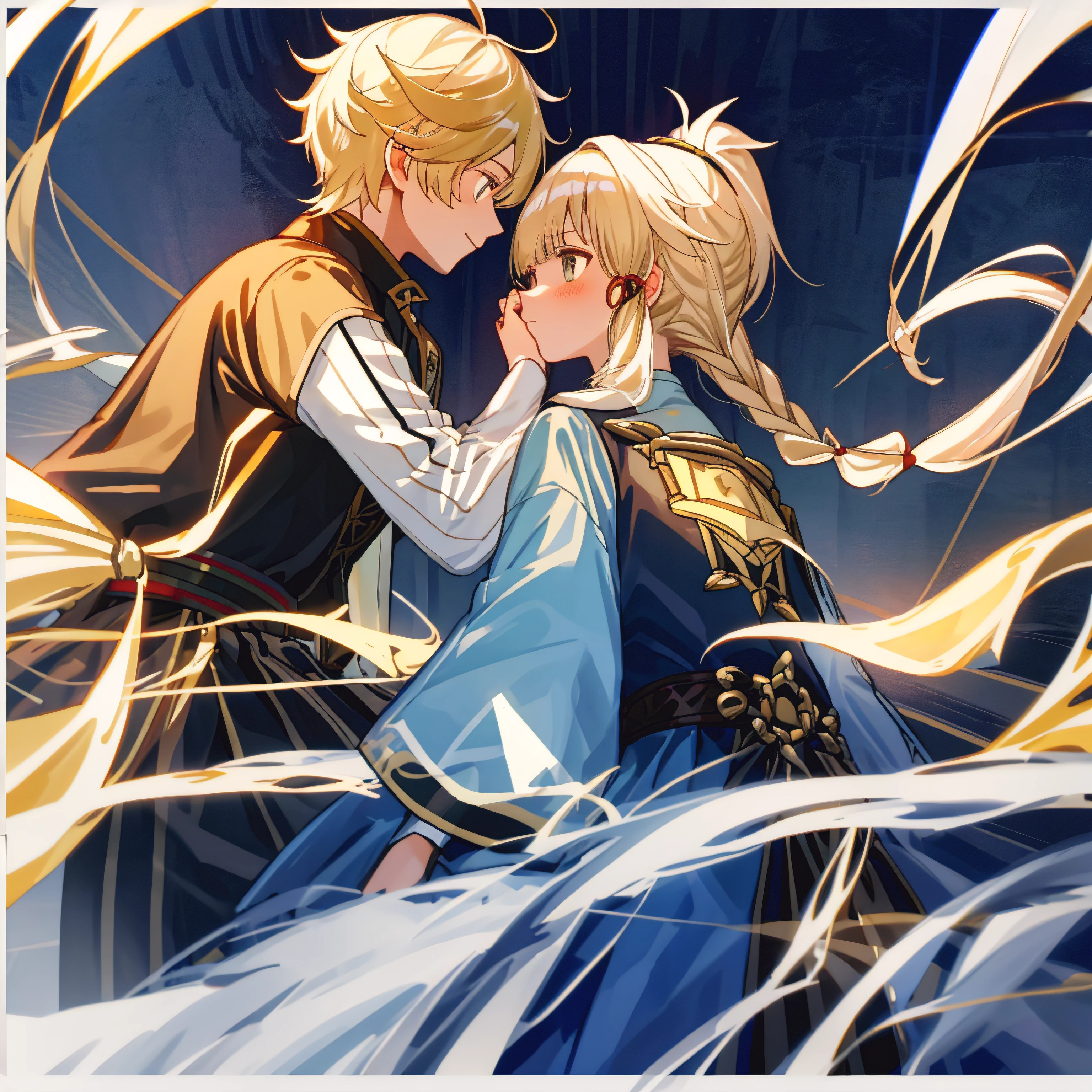 natta,a young man and a woman,Men and women look at each other,Blonde, Female white hair,Braids,Women's singles ponytail,校服,Headset overhead,Look at each other,full bodyesbian,A high resolution,solid color backdrop,Female Shy