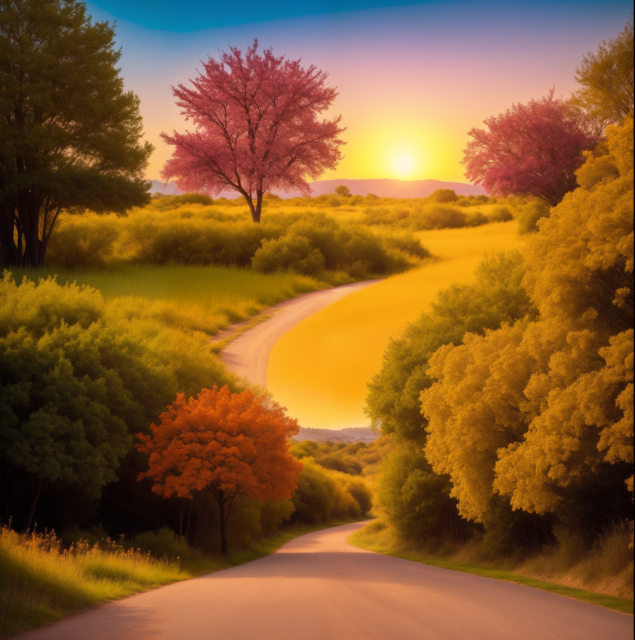 Crea una imagen de un prado tranquilo con coloridas flores silvestres y una radiante puesta de sol en el fondo.