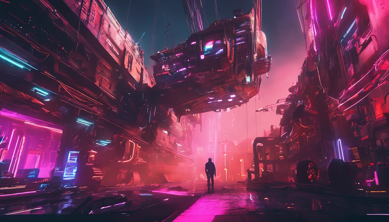 Cyberpunk world,There are flying machines in the sky,The light and shadow are intense,The lighting is cool,handpainted,dream magical