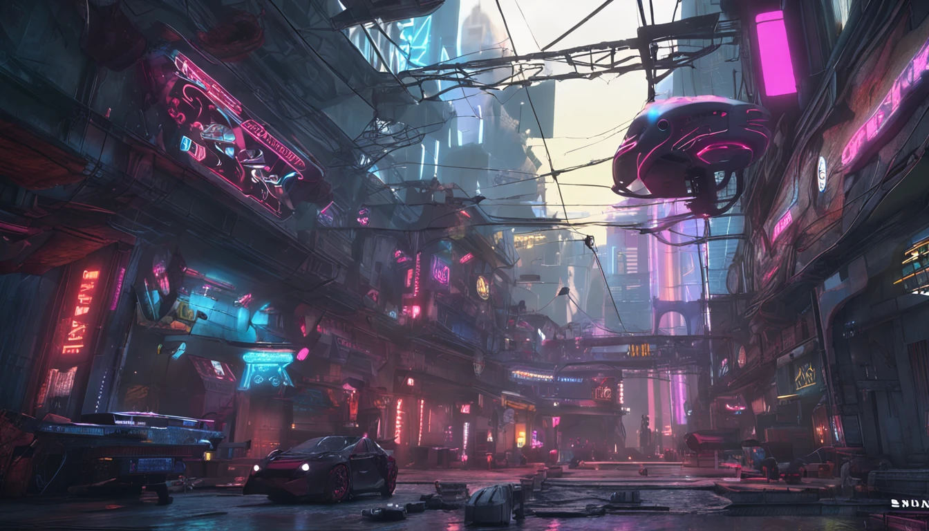 Cyberpunk world，There are flying machines in the sky，The light and shadow are intense，The lighting is cool，handpainted，dream magical