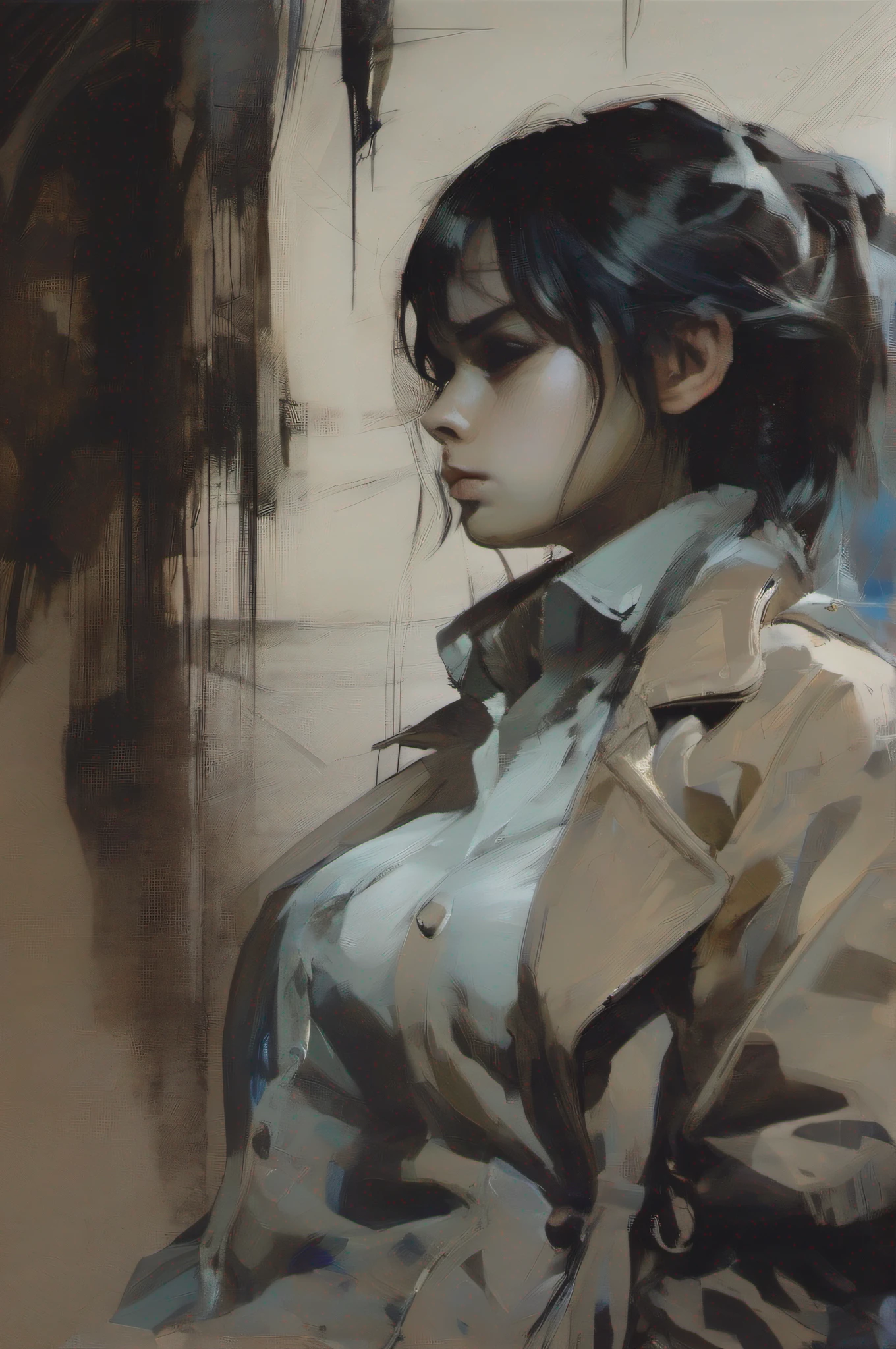 a 1girl, On the verge of a foul, ((Стиль Ashley-Wood)), grotesque, (realistness), Detailed Illustration, sensitivity, ((Best Quality, tmasterpiece)), Extreme detailing, 8K