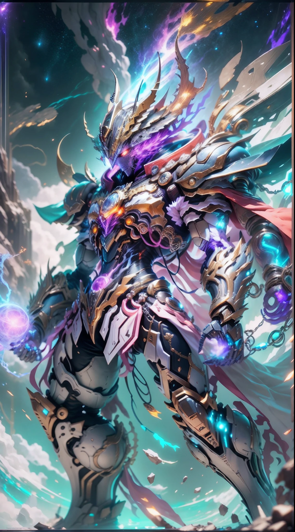 A Dragon Emperor in the Milky Way, Sun Surface on background, Golden Saint Seiya Limb Armor, (Cloak), (Dragon Symbol: 1.5), (Gundam Exia: 1.5), (Starry Sky: 1.8) (Mecha) (Mechanical) (Armor), (Open leg: 1.3), Perfect, (Wide Angle), (Black Background: 1.6), Best Quality, Masterpiece, Super Resolution, (Reality: 1.4), Crazy Detail, Unrealistic Engine Style, Boca Effect, David La Chapelle style lens, bioluminescent palette: light blue, light gold, light pink, bright white, wide angle, ultra-fine, cinematic still life, vibrant, Sakimichan style, perfect eyes, highest image quality 8K, inspired by Harry Winston, Canon EOS R 6 shooting masterpiece "Chaos 50,--, under eye mole, ray tracing, surrealism, textured skin