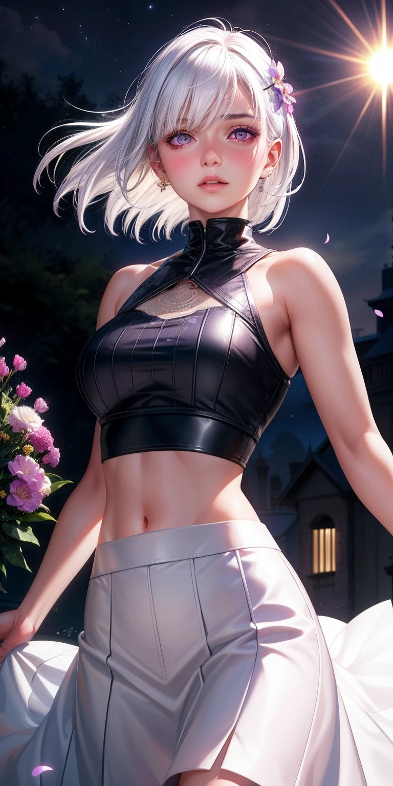 realistic, 1girl, white hair, purple eyes, glowing eyes, crop top, skirt, parted lips, blush, night, flowers, sun, sunlight,