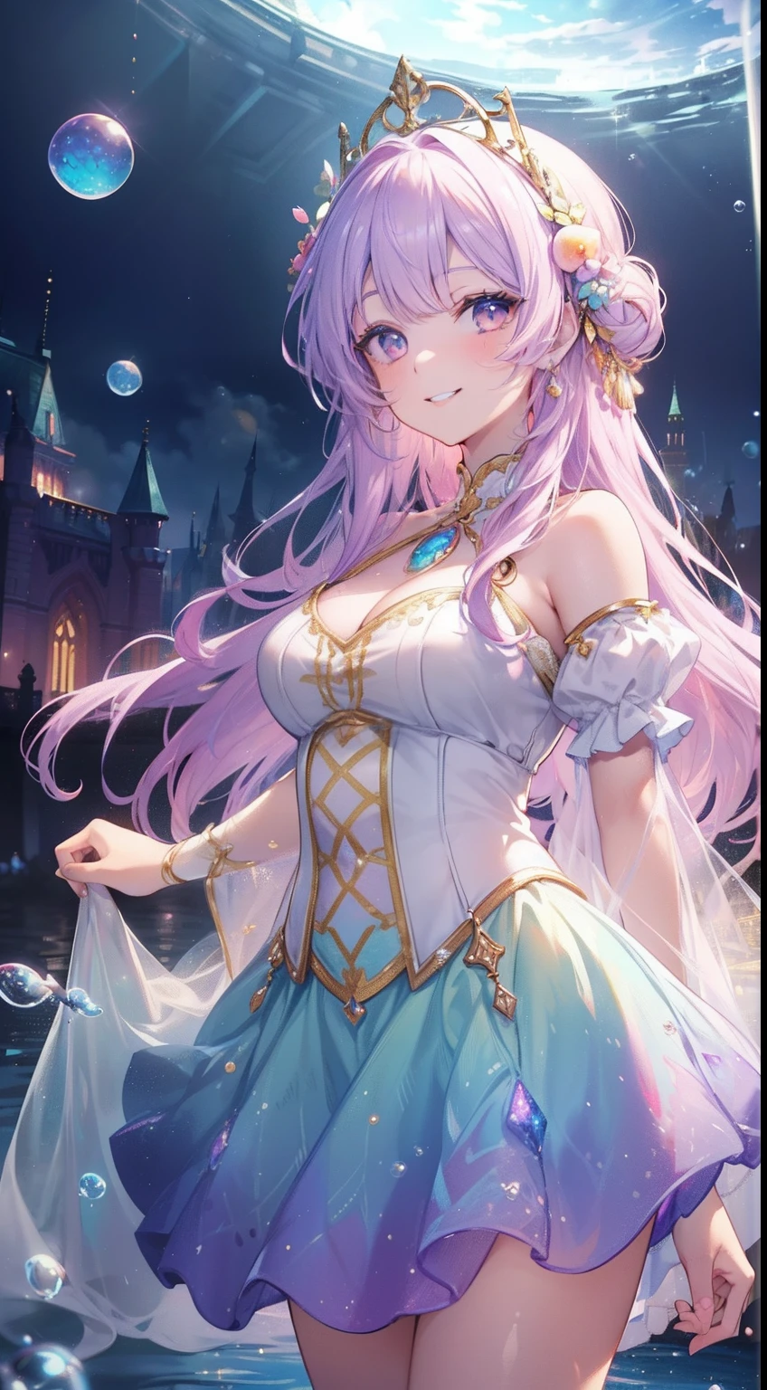 (Extreme),Blue-violet gradient hair,Masterpiece, Best quality, 8K resolution, Sharp focus, intricately details, Beautiful girl, Sparkling eyes, golden-ratio face, Otherworldly liquids, aquarelle, Pastel colors, Bright colors, Whimsical, Colorful, Sharp focus, high resolution, finedetail, ((Layered layered prom dresses)), ((Round eyes)), Rainbow-colored bubbles, Fantasia background