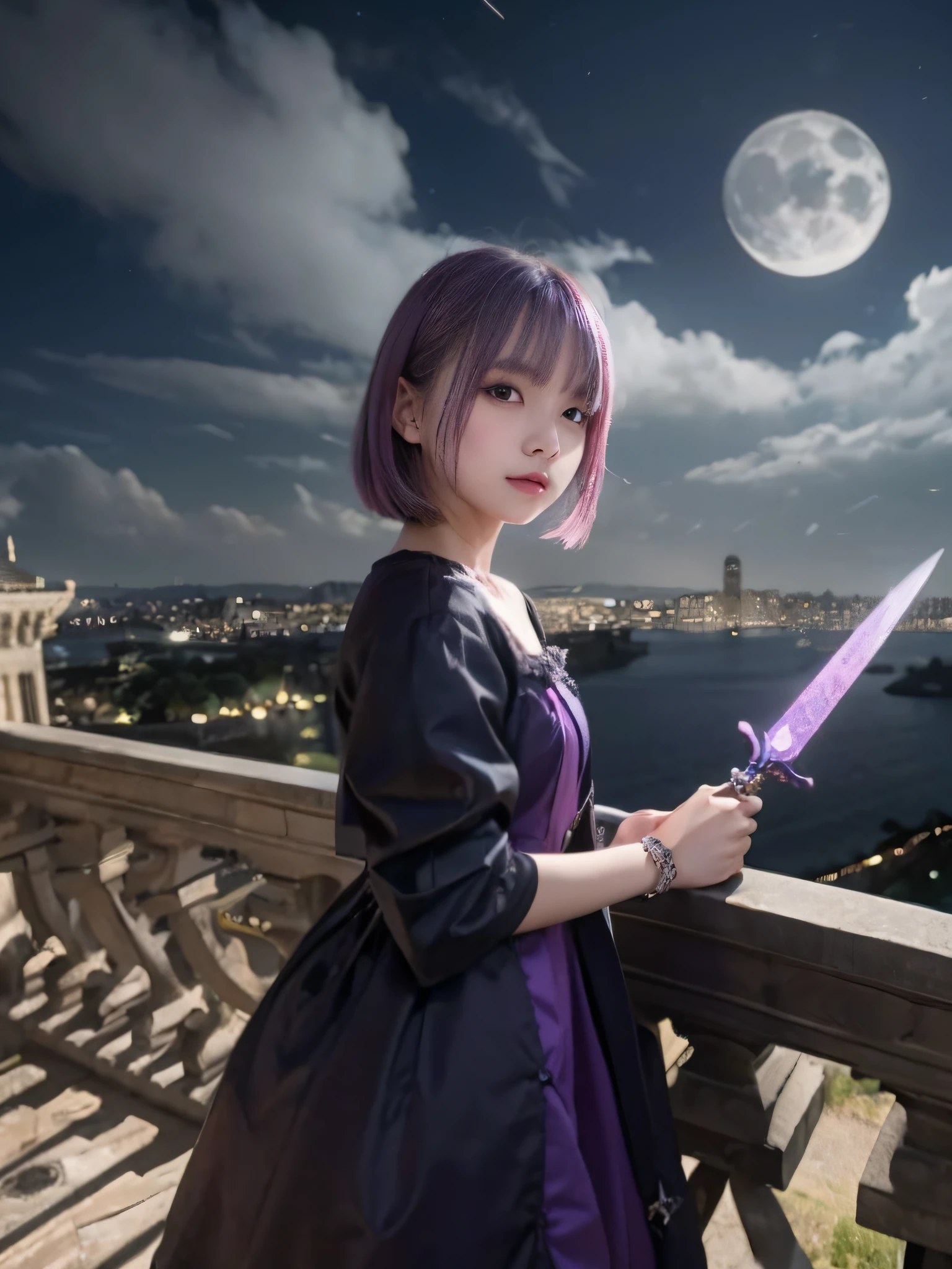 8K、detaileds、A detailed face、14 years old girl、kawaii、short in stature、Young Face、Inappropriate smile、purple color hair、Dress style clothes、Holding a dagger in your hand、Castles、a dark night、Moonlight shines、2.5 dimensions、Anime style