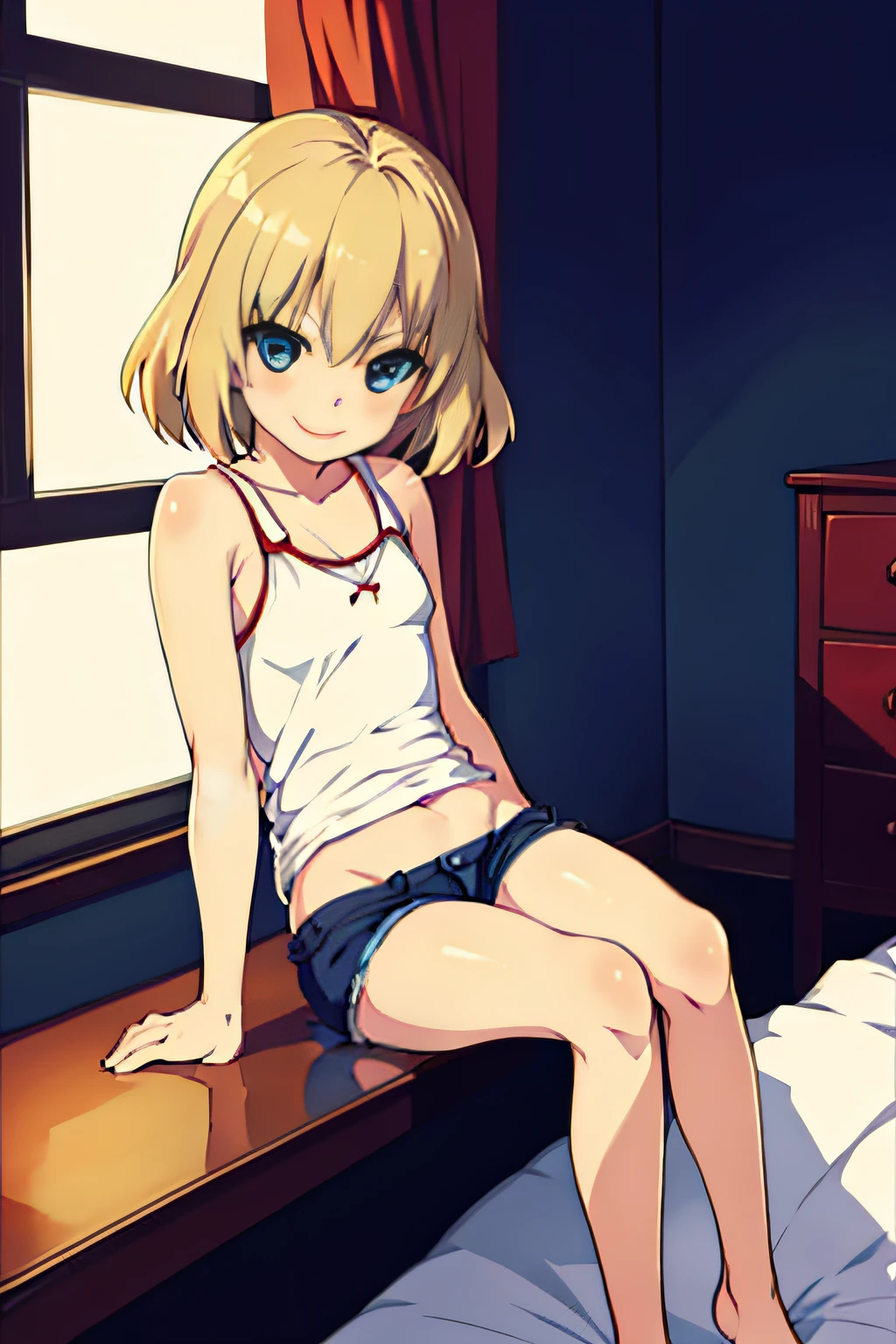 Katyusha, (bedroom), (sitting on bed), smiling, tank top, shorts, blond hair, blue eyes, , ((best detail)),