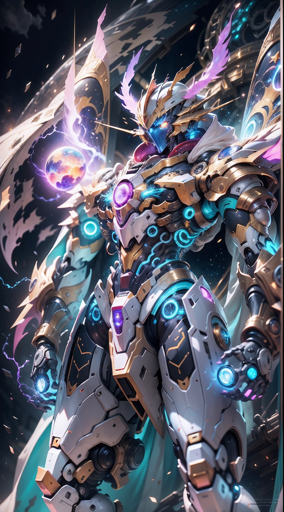 A Dragon Emperor in the Milky Way, Sun Surface on background, Golden Saint Seiya Limb Armor, (Cloak), (Dragon Symbol: 1.5), (Gundam Exia: 1.5), (Starry Sky: 1.8) (Mecha) (Mechanical) (Armor), (Open leg: 1.3), Perfect, (Wide Angle), (Black Background: 1.6), Best Quality, Masterpiece, Super Resolution, (Reality: 1.4), Crazy Detail, Unrealistic Engine Style, Boca Effect, David La Chapelle style lens, bioluminescent palette: light blue, light gold, light pink, bright white, wide angle, ultra-fine, cinematic still life, vibrant, Sakimichan style, perfect eyes, highest image quality 8K, inspired by Harry Winston, Canon EOS R 6 shooting masterpiece "Chaos 50,--, under eye mole, ray tracing, surrealism, textured skin