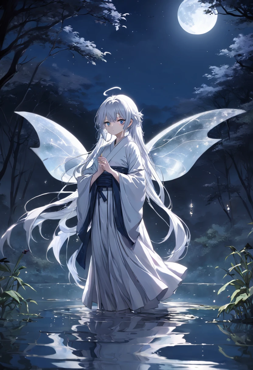 Yugetsu-kun: The moon is reflected in the pond in the distance,The surface of the water ripples with silver,The moonlight shone on a man dressed in a white fairy robe。He gracefully raised his glass of wine,The eyes reveal tenderness and mystery。The whole picture is surrounded by the soothing night,A gentle breeze ruffled his long flowing hair,Merge him with the night。
