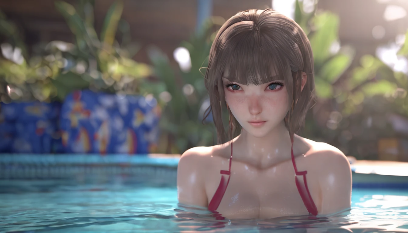 (Unity 16K wallpaper, Masterpiece, Best quality, Ultra-detailed, Extremely detailed CG, Caustics, Cinematic lighting, Detailed, Beautiful detailed eyes, Solo,Pool side),超高分辨率, Fine skin、Sexy,curby,NSFW,(School swim wear:1.3), Large breasts,20 years old、Blue eyes、Long hair,perm, Blush, Angry,Sitting, spread their legs, Pixie cut