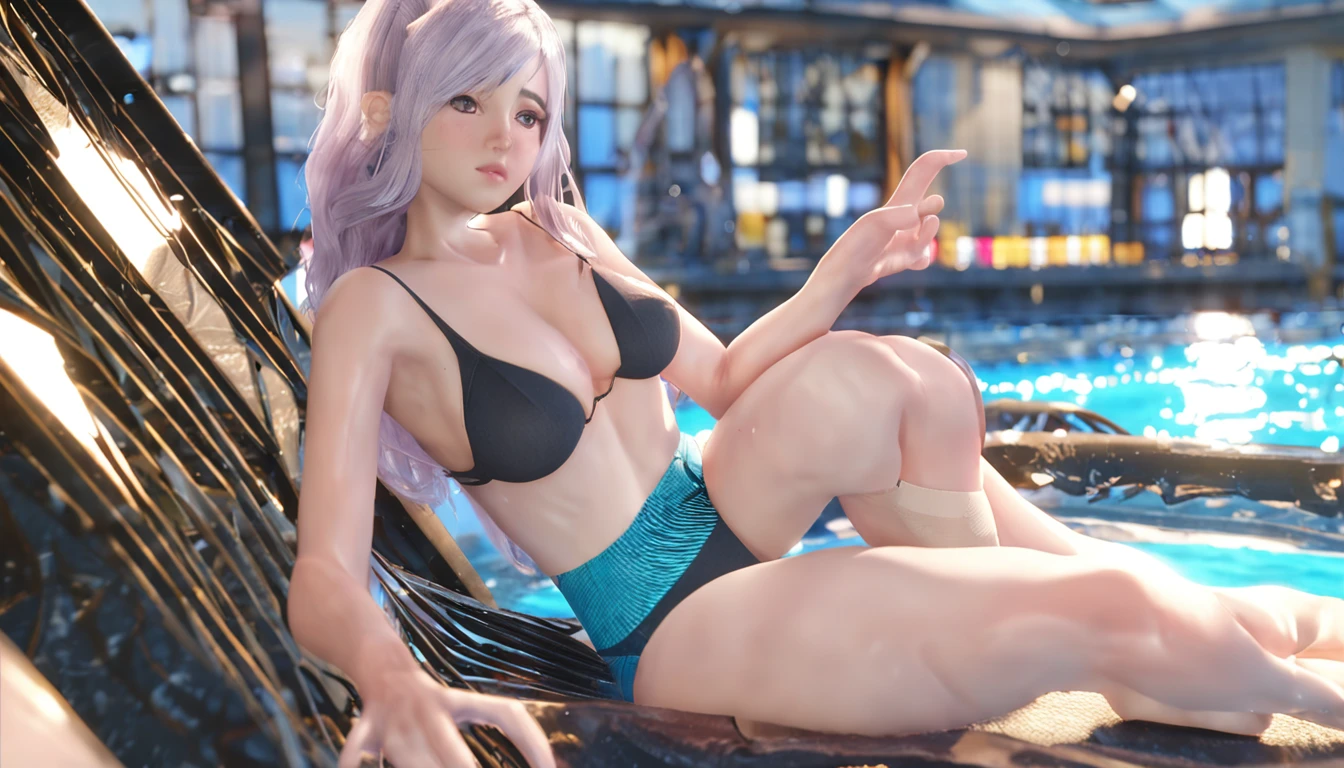 (Unity 16K wallpaper, Masterpiece, Best quality, Ultra-detailed, Extremely detailed CG, Caustics, Cinematic lighting, Detailed, Beautiful detailed eyes, Solo,Pool side),超高分辨率, Fine skin、Sexy,curby,NSFW,(School swim wear:1.3), Large breasts,20 years old、Blue eyes、Long hair,perm, Blush, Angry,Sitting, spread their legs, Pixie cut