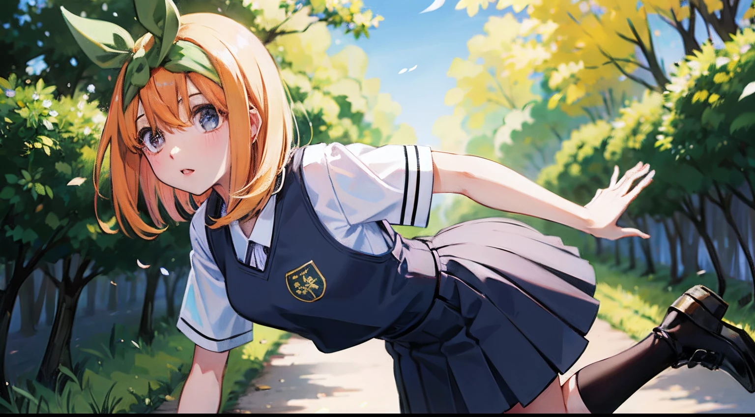 Chica se acerca corriendo Hacia ti en frente, primer plano, yotsuba nakano, yotsuba, escuela, liston verde, cabello naranja, cabello corto, ((falda verde)),corriendo, chica anime, anime, enfrente, primer plano, corriende en primer plano, ((con los brazos abiertos)), ((Approach)), afuera de la escuela, sola,