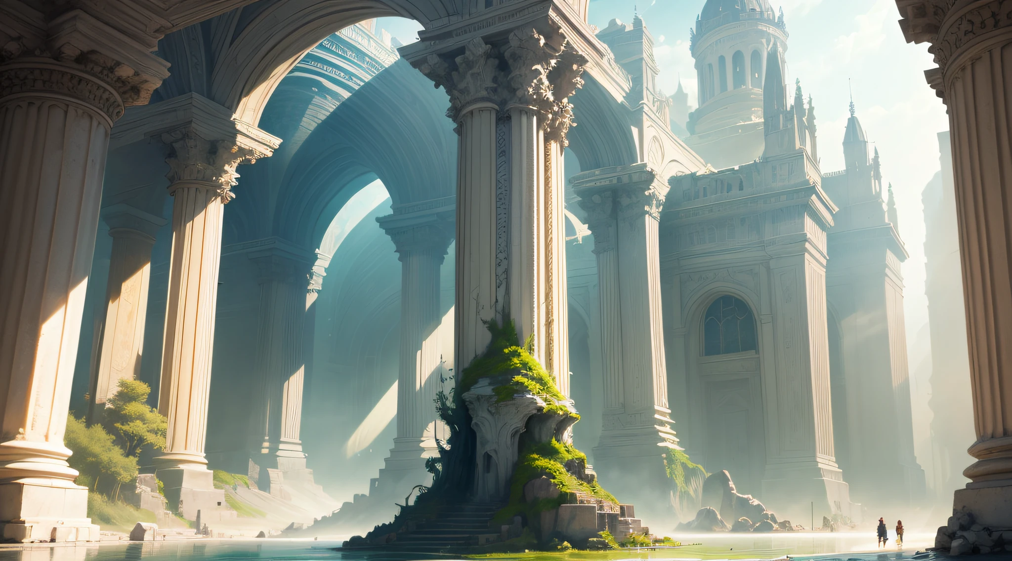 masterpiece, best quality, the forgotten city made of white marble, grand, epic, fantasy, mystical, sunbeam, soft lighting, majestic, peaceful