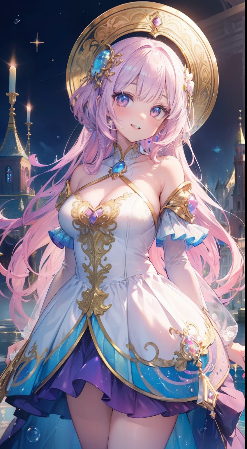 (((masterpiece, best quality, 8k resolution, sharp focus, Intricate details, beautiful girl, glowing eyes, Face Golden Ratio, otherworldly liquid, watercolor, ((Pastel)), Bright colors, whimsical, Multifaceted, focus sharp, very high resolution, fine detail, princess costume sexy ball, ((round eyes)), iridescent bubbles, castle landscape in background), standing, (mouth open), lips, (smiling), (teeth)