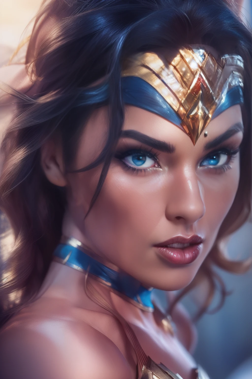 (Masterpiece, 4k resolution, ultra-realistic, very detailed) sexy beautiful Wonder Woman, blue eyes portrait photography by artgerm, in the style of realism, glistening skin, cartooncore, mangacore, natural lighting, Defined full lips. Muscular fitness feminine body