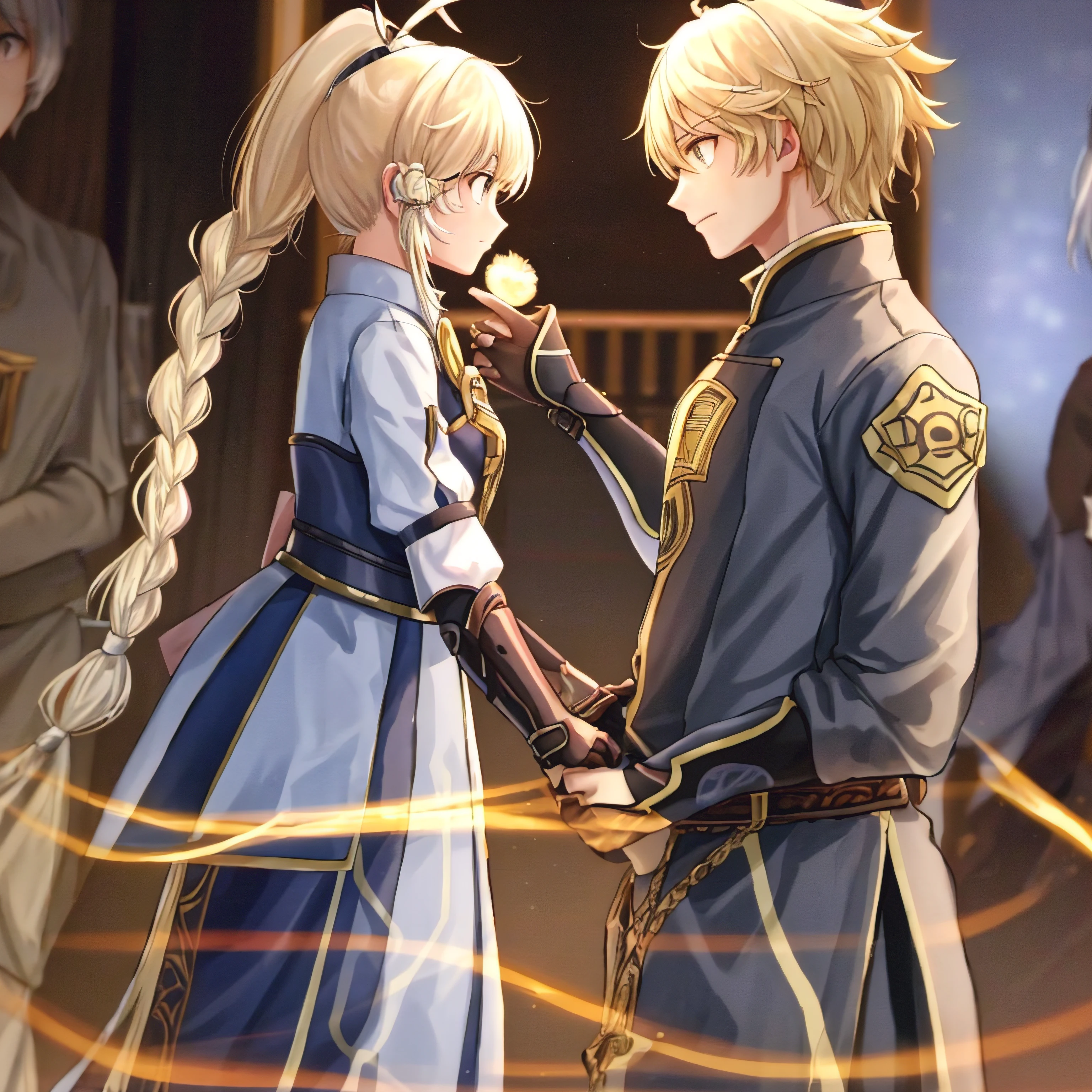 natta,a young man and a woman,Men and women look at each other,Blonde, Female white hair,Braids,Women's singles ponytail,校服,Headset overhead,Look at each other,full bodyesbian,A high resolution,solid color backdrop,Female Shy,Remove the background